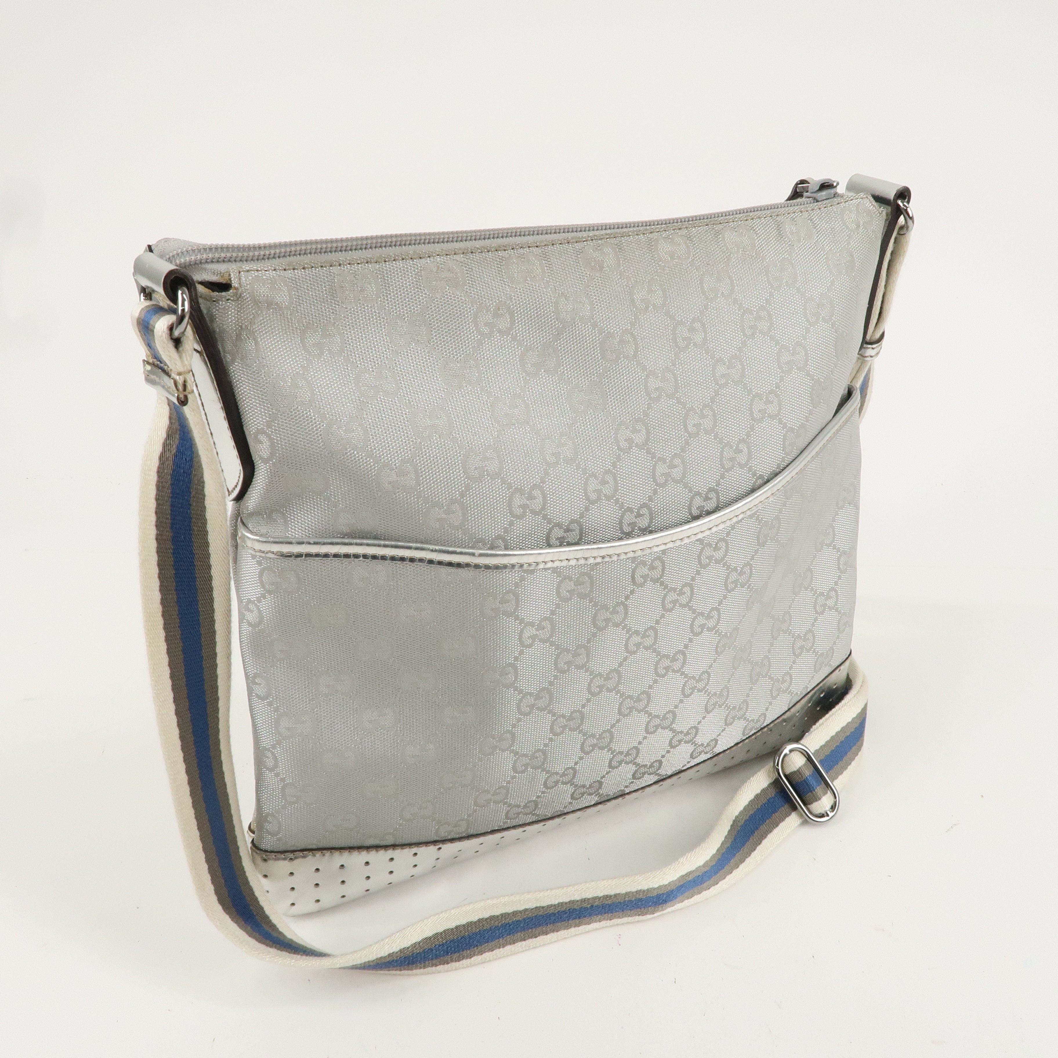 GUCCI Sherry GG Canvas Leather Shoulder Bag Silver 145857