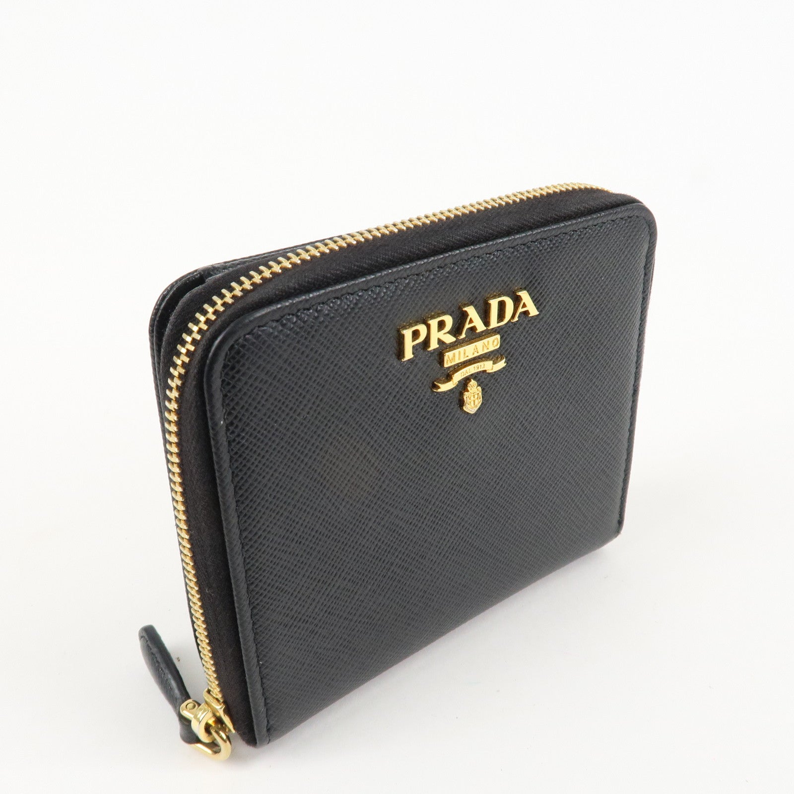 PRADA Logo Leather Zip Around Bi-fold Wallet Black 1ML522 Used