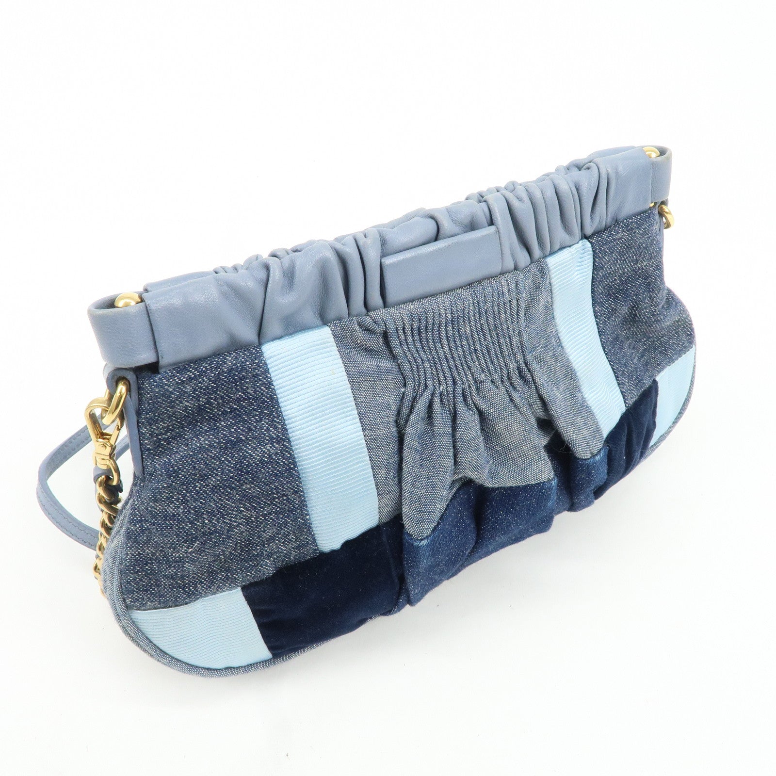 MIU MIU Denim Velour Leather Patches Shoulder Bag Blue Navy