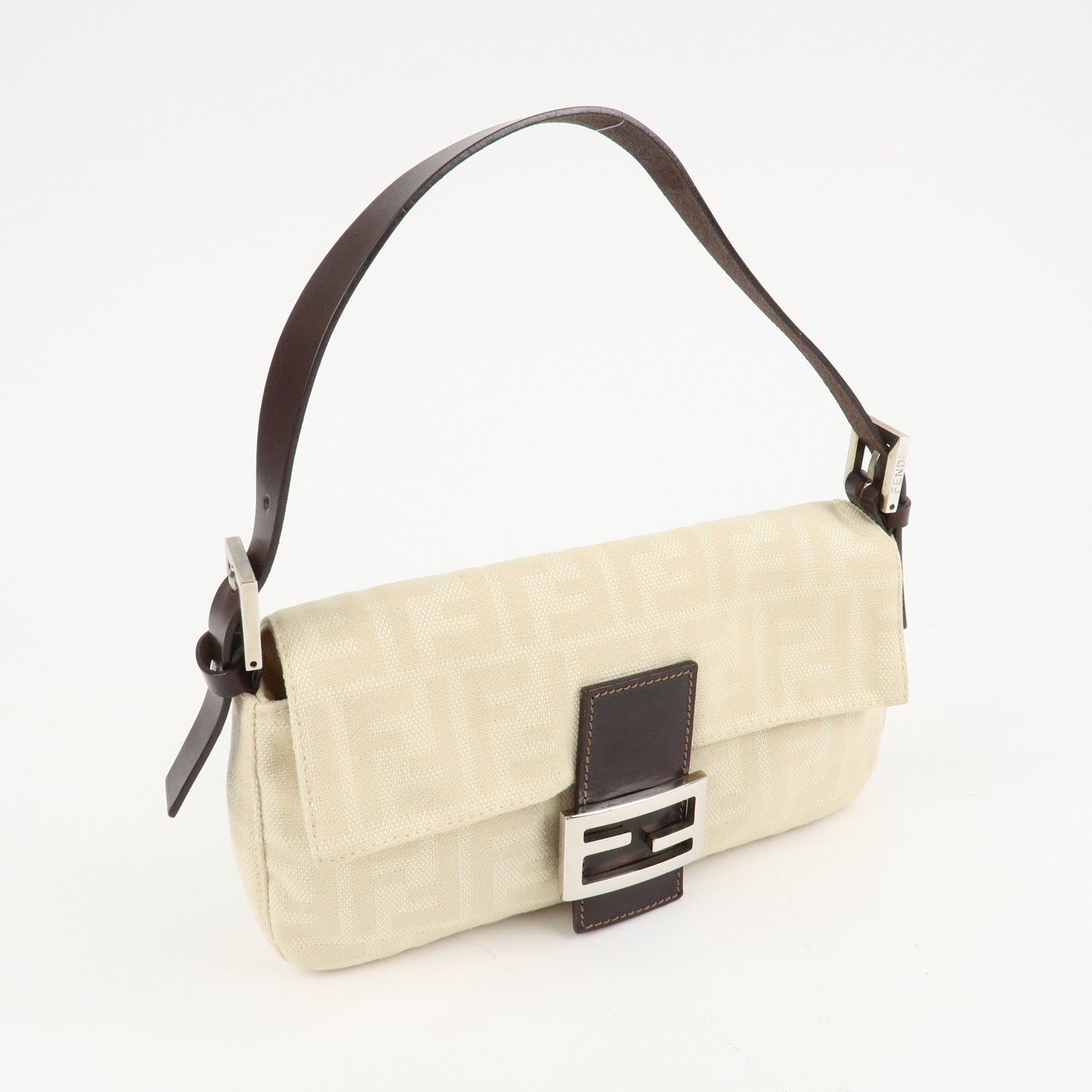 FENDI Mamma Baguette Zucca Canvas Shoulder Bag Beige White 26424 Used