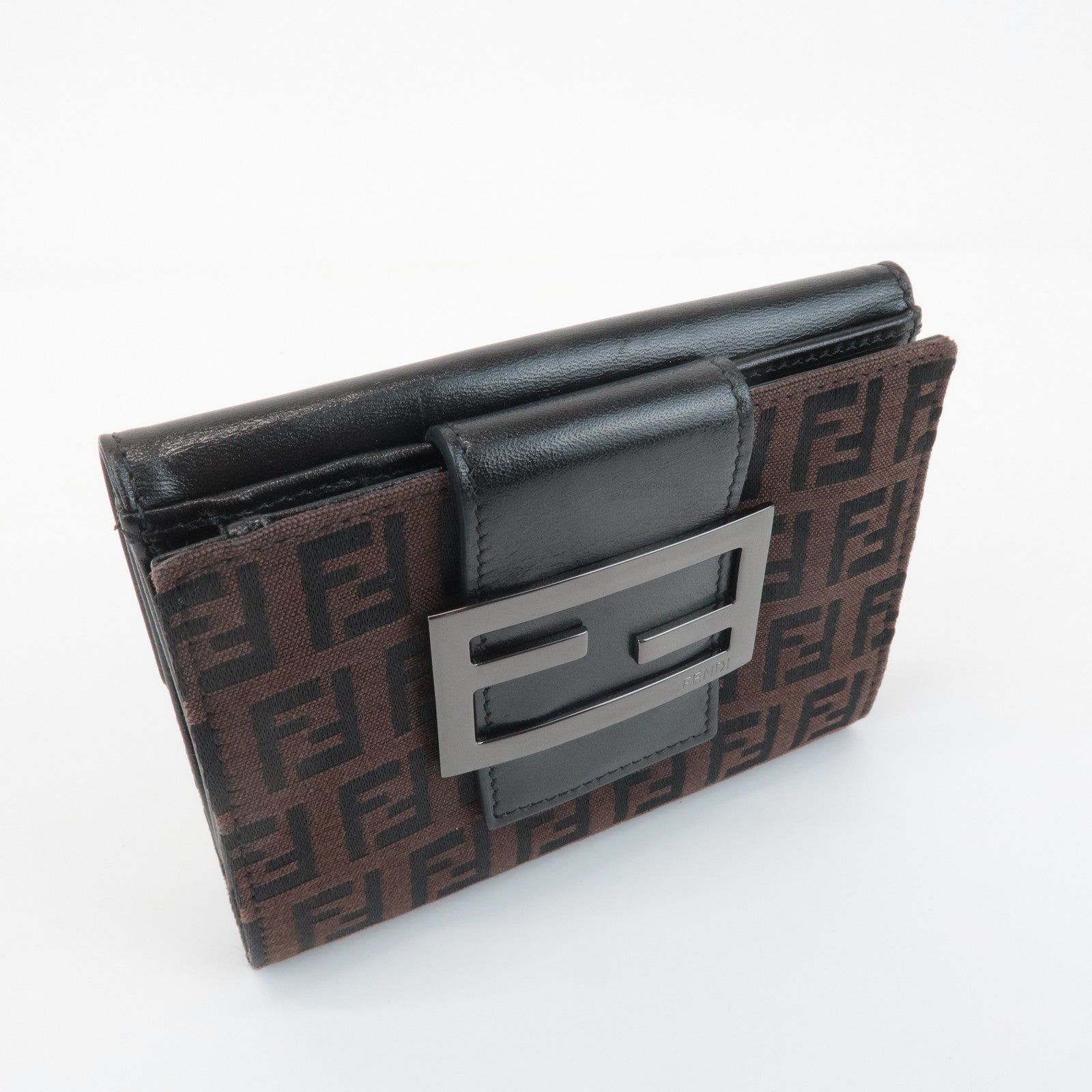 FENDI Zucca Canvas Leather Double Hook Wallet Brown Black 8M0035 Used