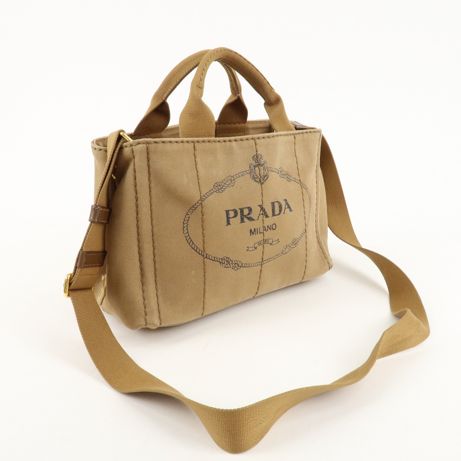 PRADA Logo Canapa Mini Canvas 2Way Bag Hand Bag Brown B2439G