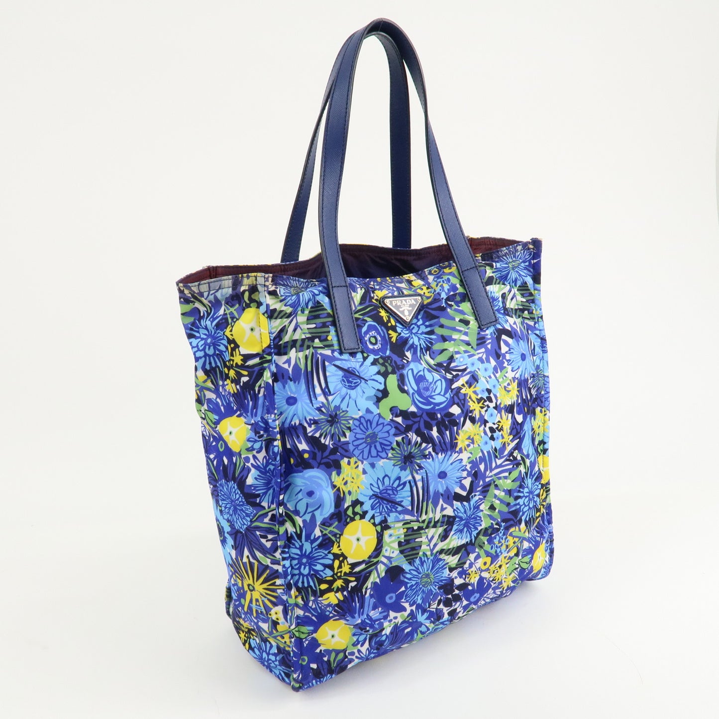 PRADA Logo Nylon Leather Tote Bag Floral Print Blue BN2851