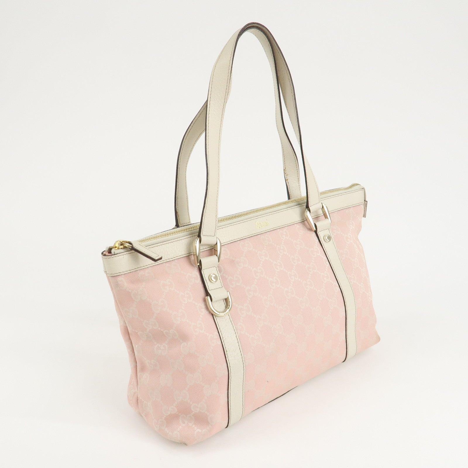 GUCCI Abbey Line GG Canvas Leather Tote Bag Pink Ivory 141470