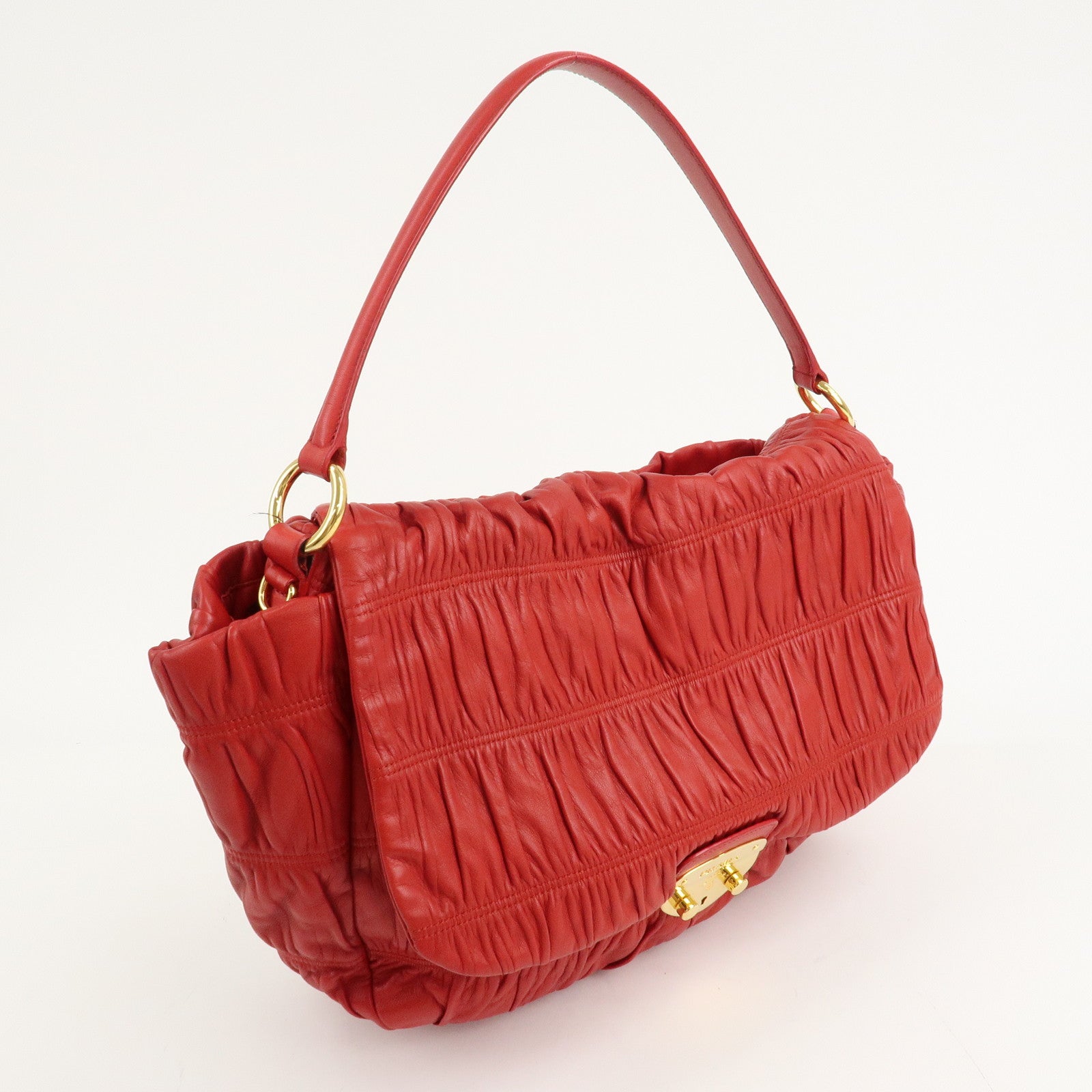 PRADA Logo Gathered Leather Shoulder Bag Hand Bag Red