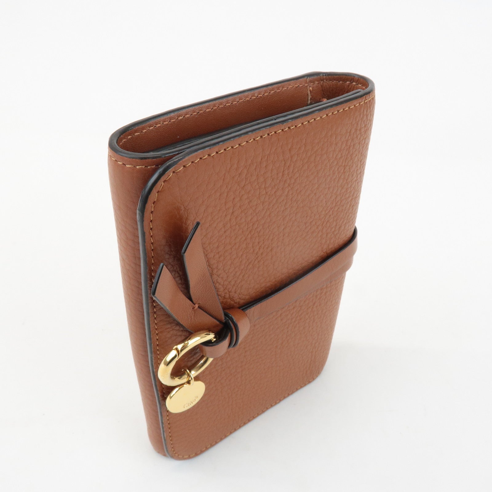 CHLOE Alphabet Leather Small Tri-fold Compact Wallet Brown Used