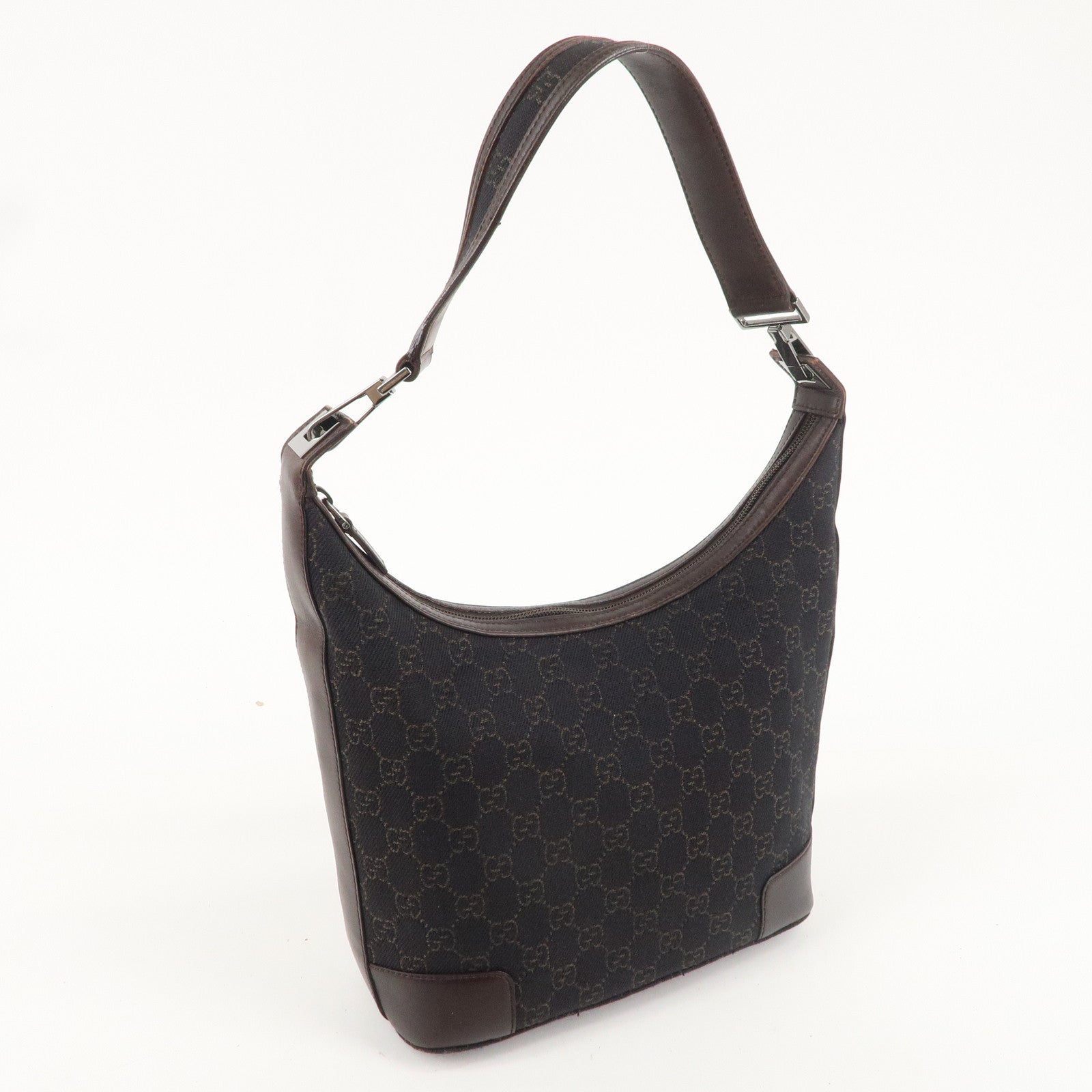 GUCCI GG Canvas Leather Shoulder Bag Black Brown 143744