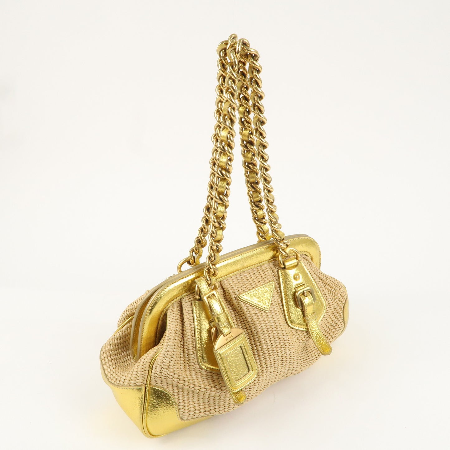 PRADA Raffia Leather Chain Shoulder Bag Natural Gold BR3692