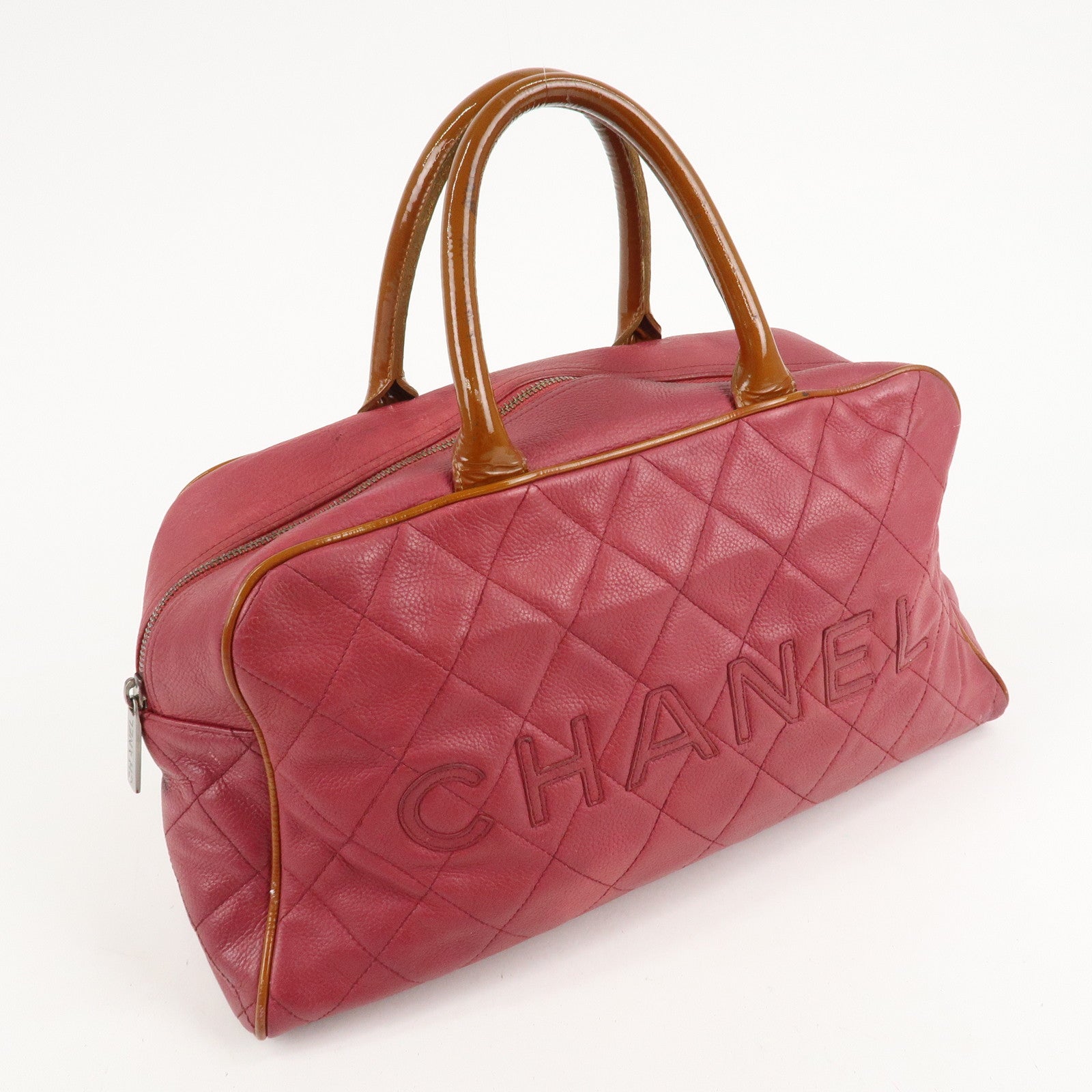 CHANEL Matelasse Caviar Skin Patent Boston Bag Hand Bag Red