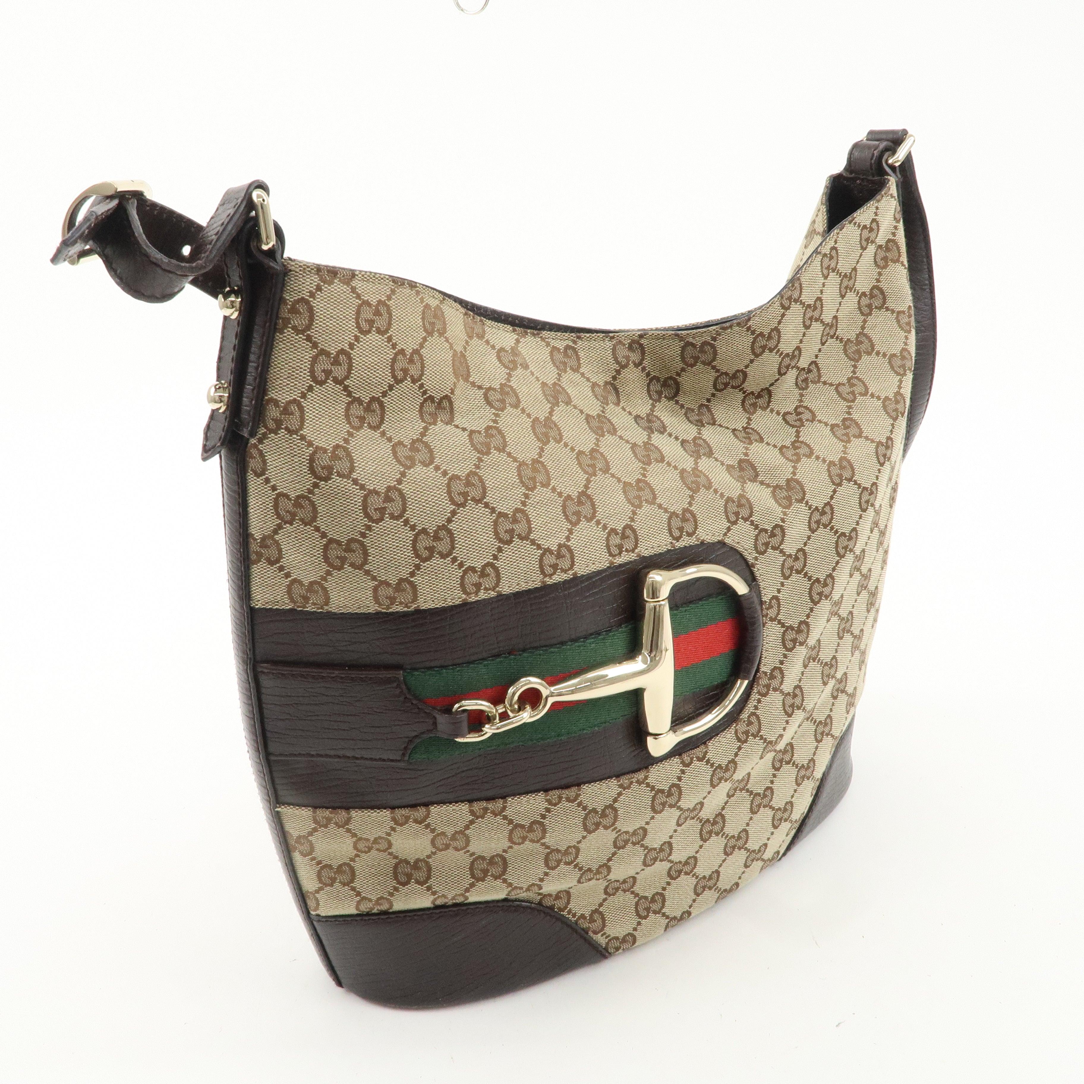 GUCCI Sherry Horsebit Canvas Leather Shoulder Bag Brown 137382