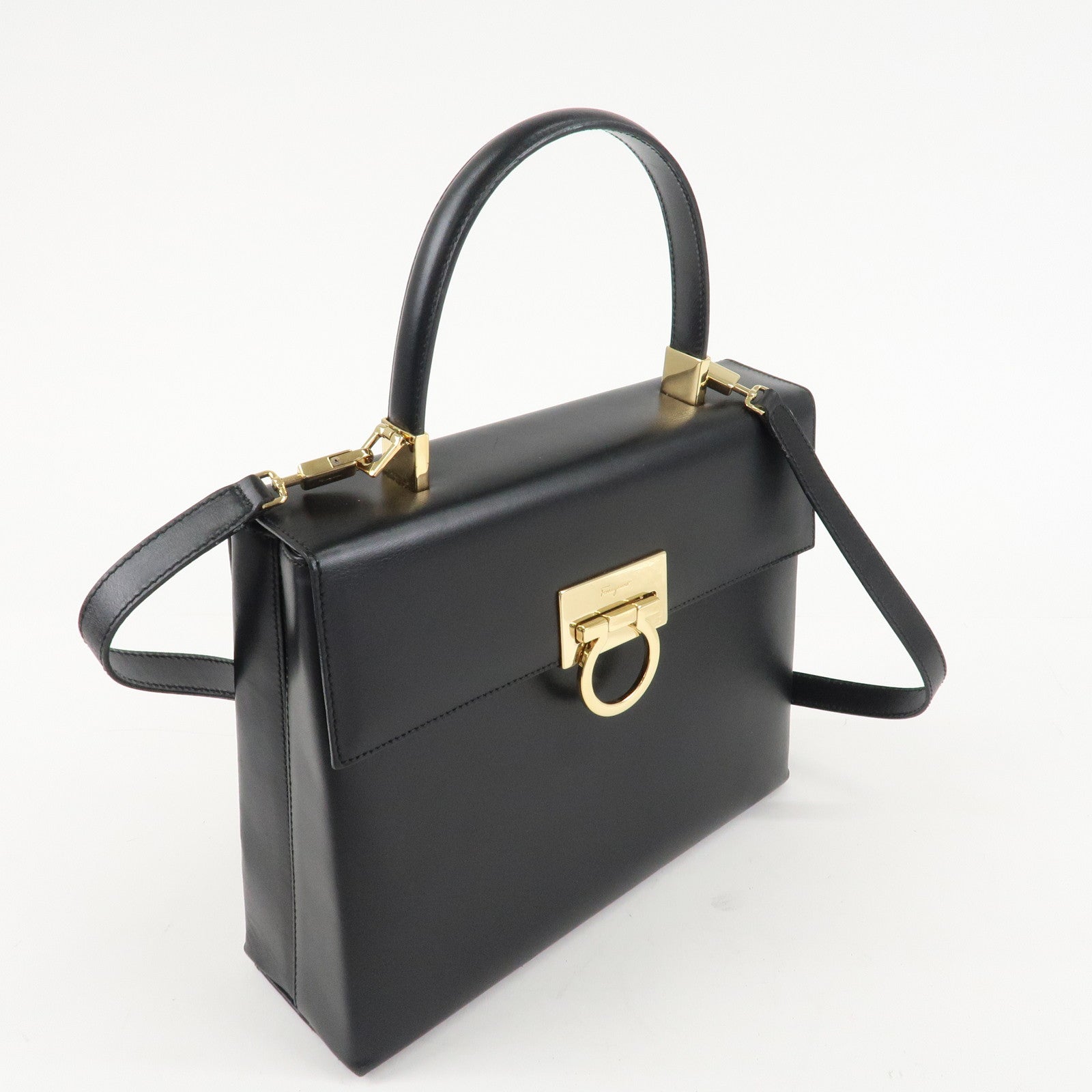 Ferragamo Leather Gancini 2Way Hand Shoulder Bag Black AT210536 Used