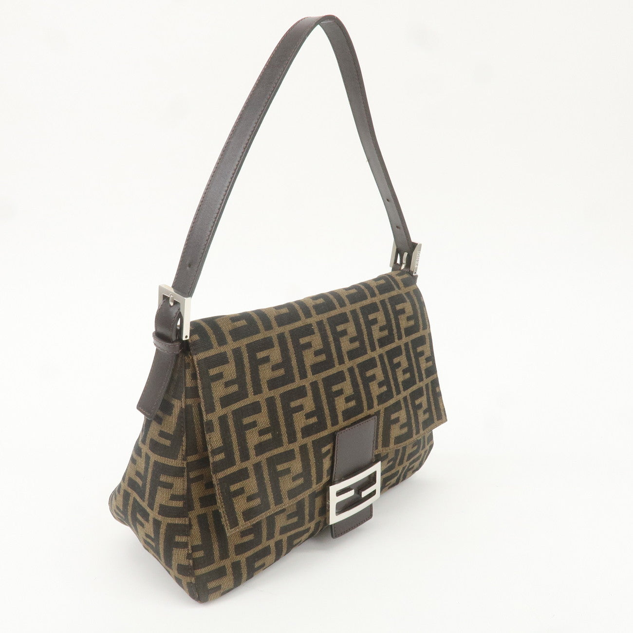 FENDI Mamma Baguette Zucca Canvas Leather Bag Brown Black 26325