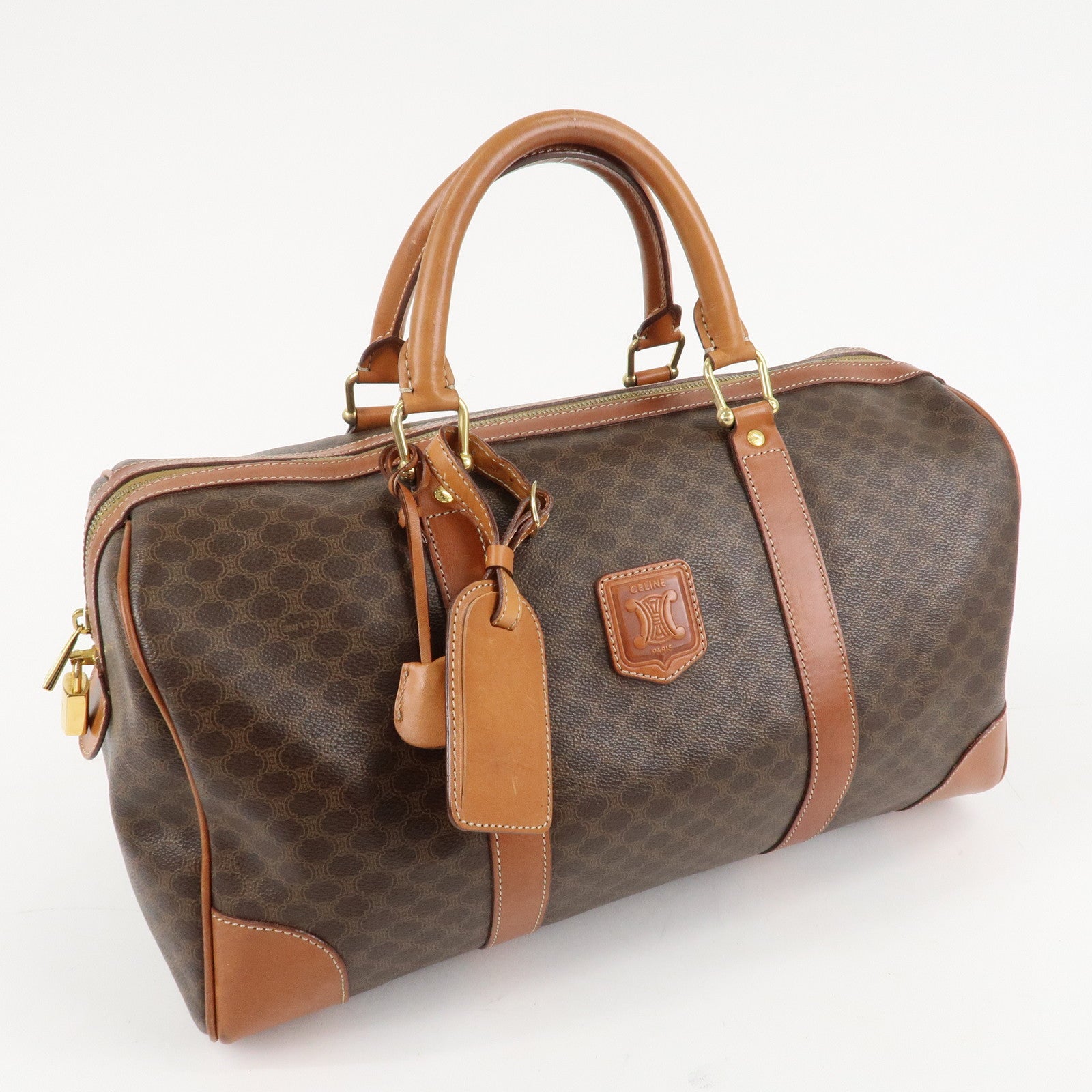 CELINE Macadam PVC Leather Boston Bag Hand Bag Brown Used