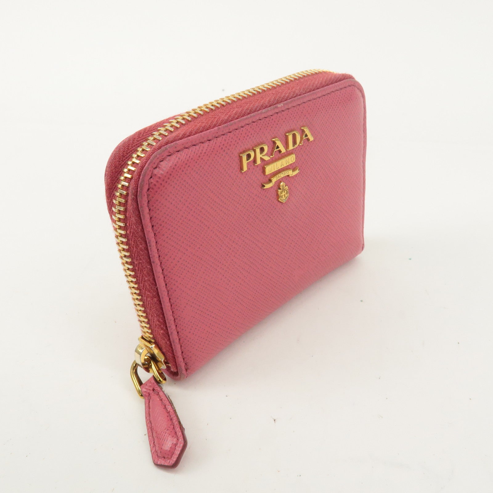 PRADA Logo Saffiano Leather Round Zipper Small Wallet Pink 1MM268