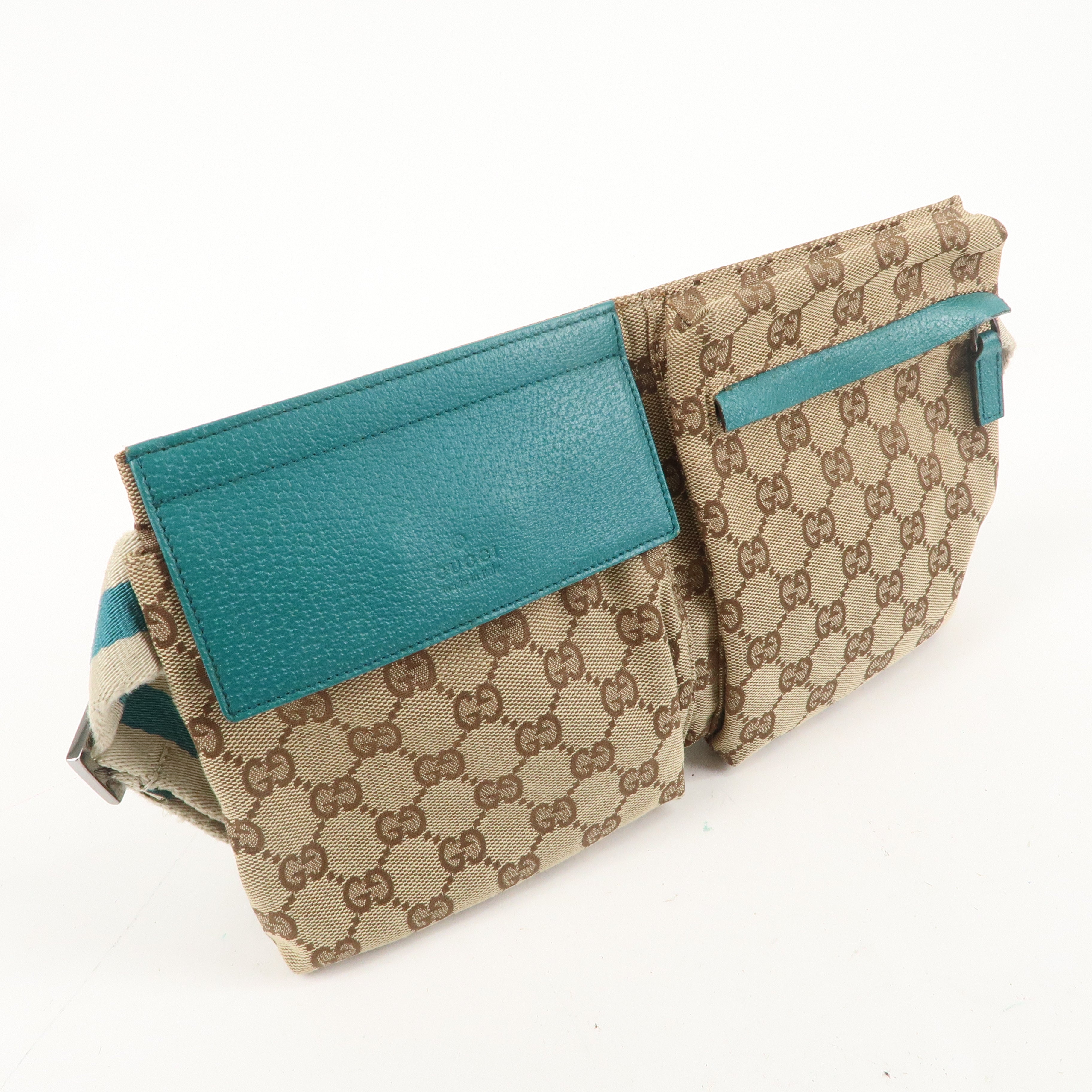 GUCCI GG Canvas Leather Waist Bag Crossbody Bag Turquoise 28566