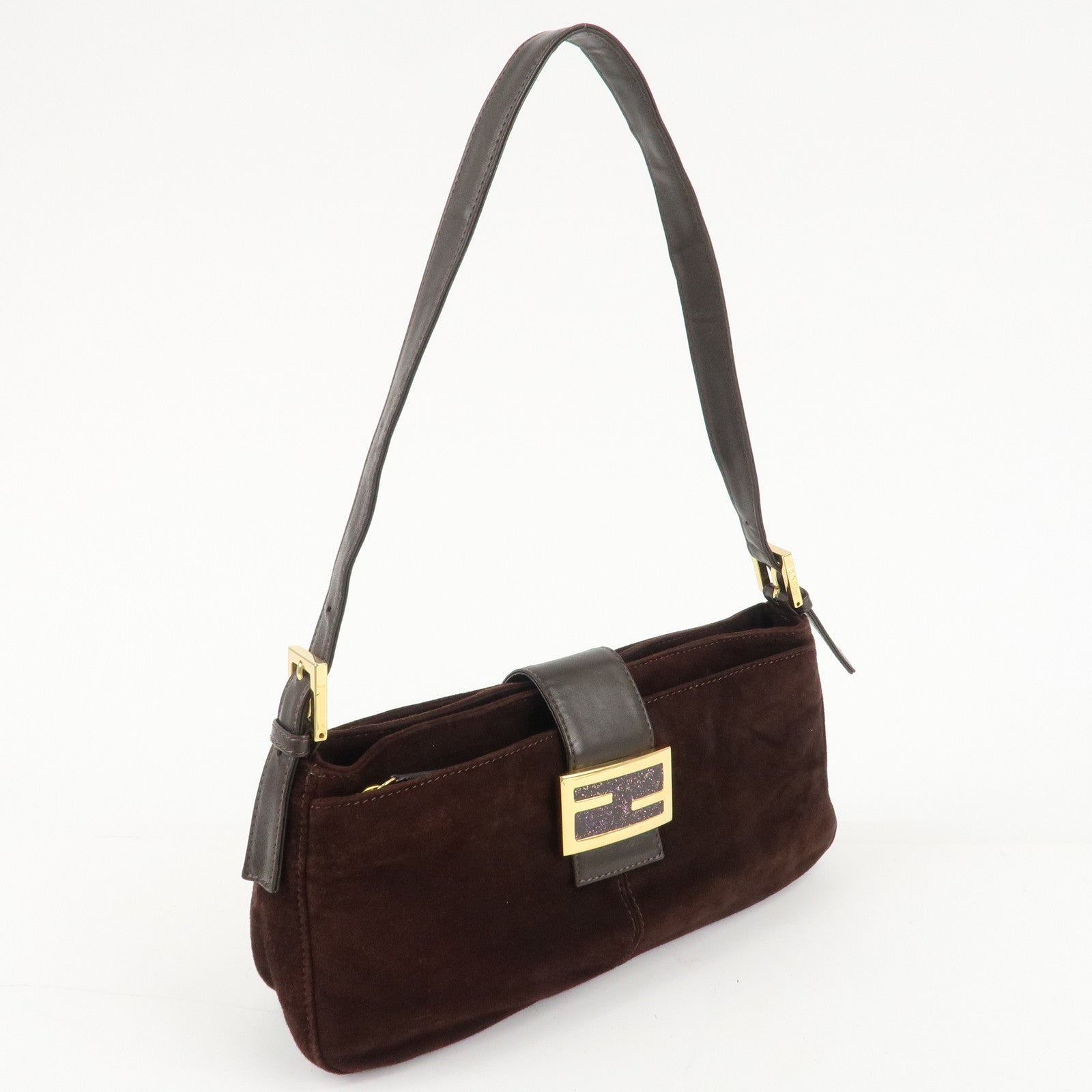 FENDI Suede Leather Shoulder Bag Dark Brown 26722 Used