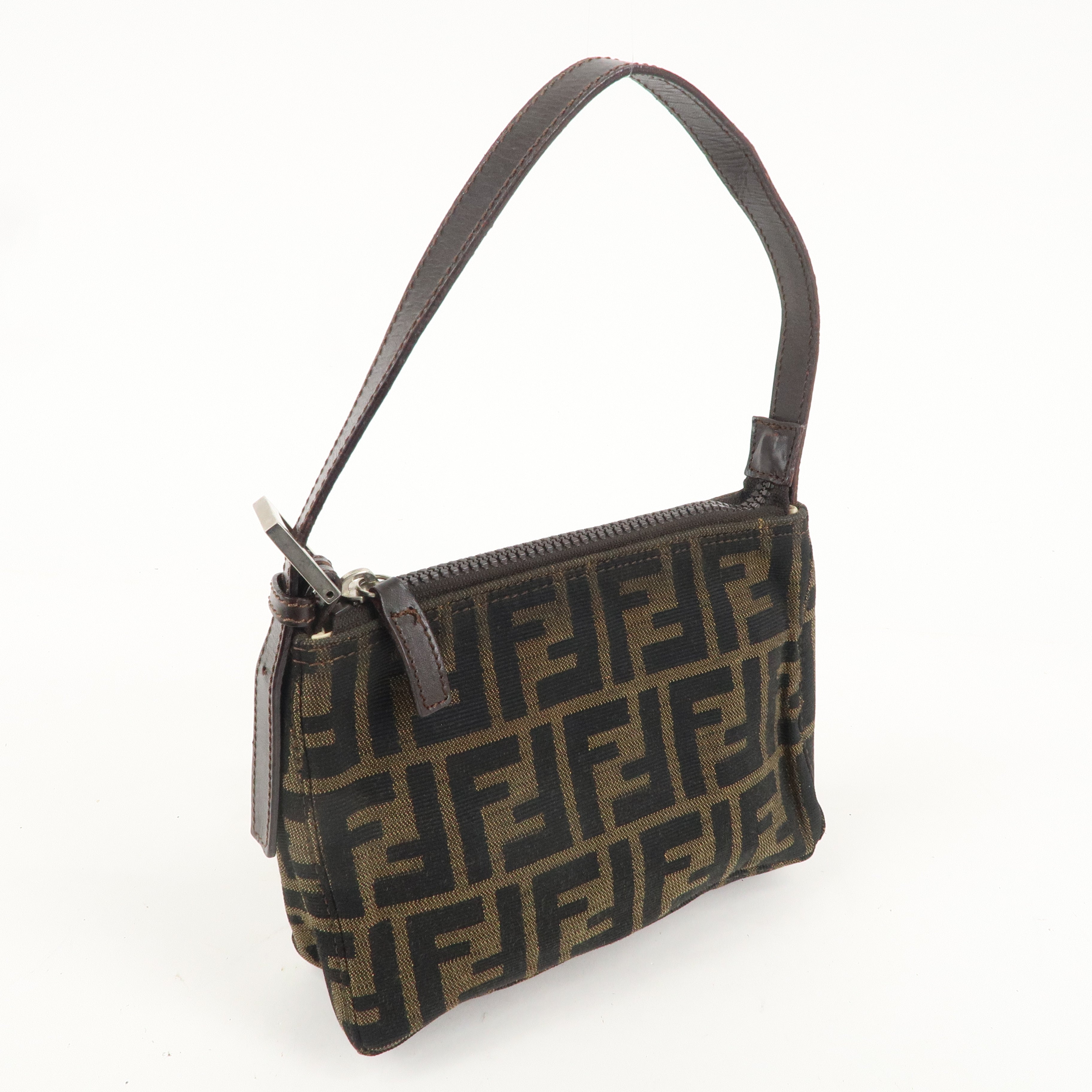 FENDI Zucca Canvas Leather One Shoulder Bag Brown Black