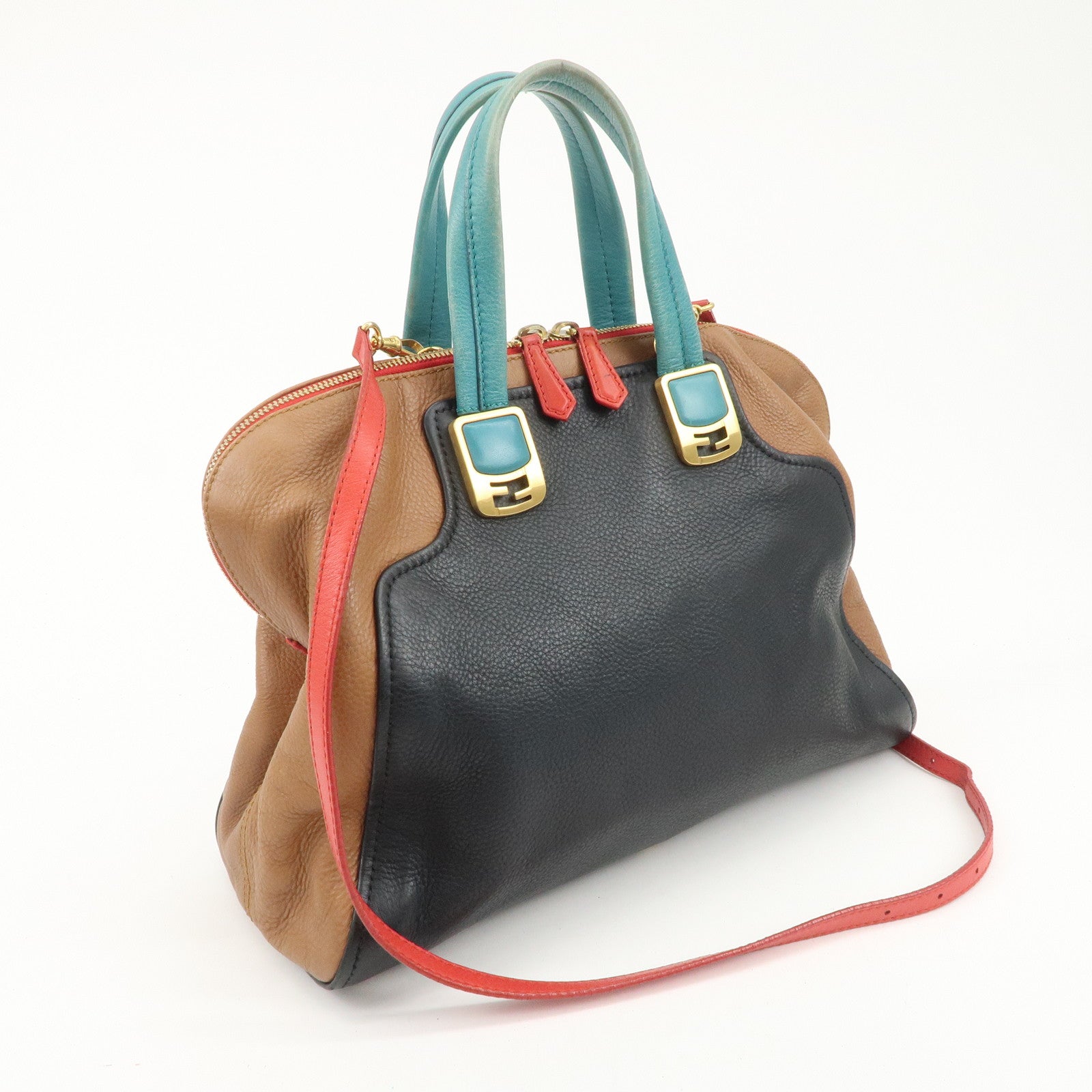 FENDI Cameleon Leather 2WAY Bag Black Brown Blue Red 8BL110 Used