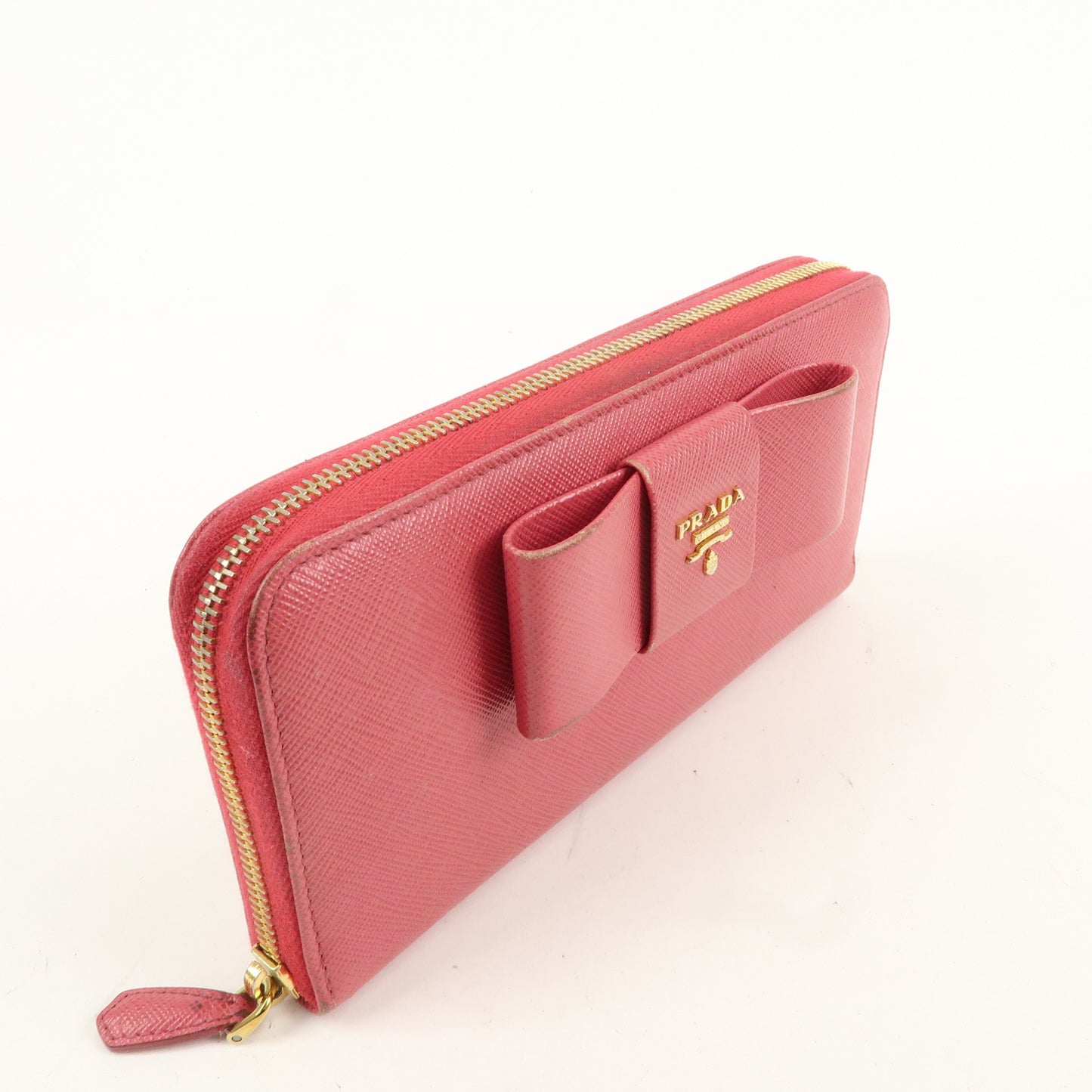 PRADA Saffiano Leather Ribbon Round Zipper Long Pink Wallet