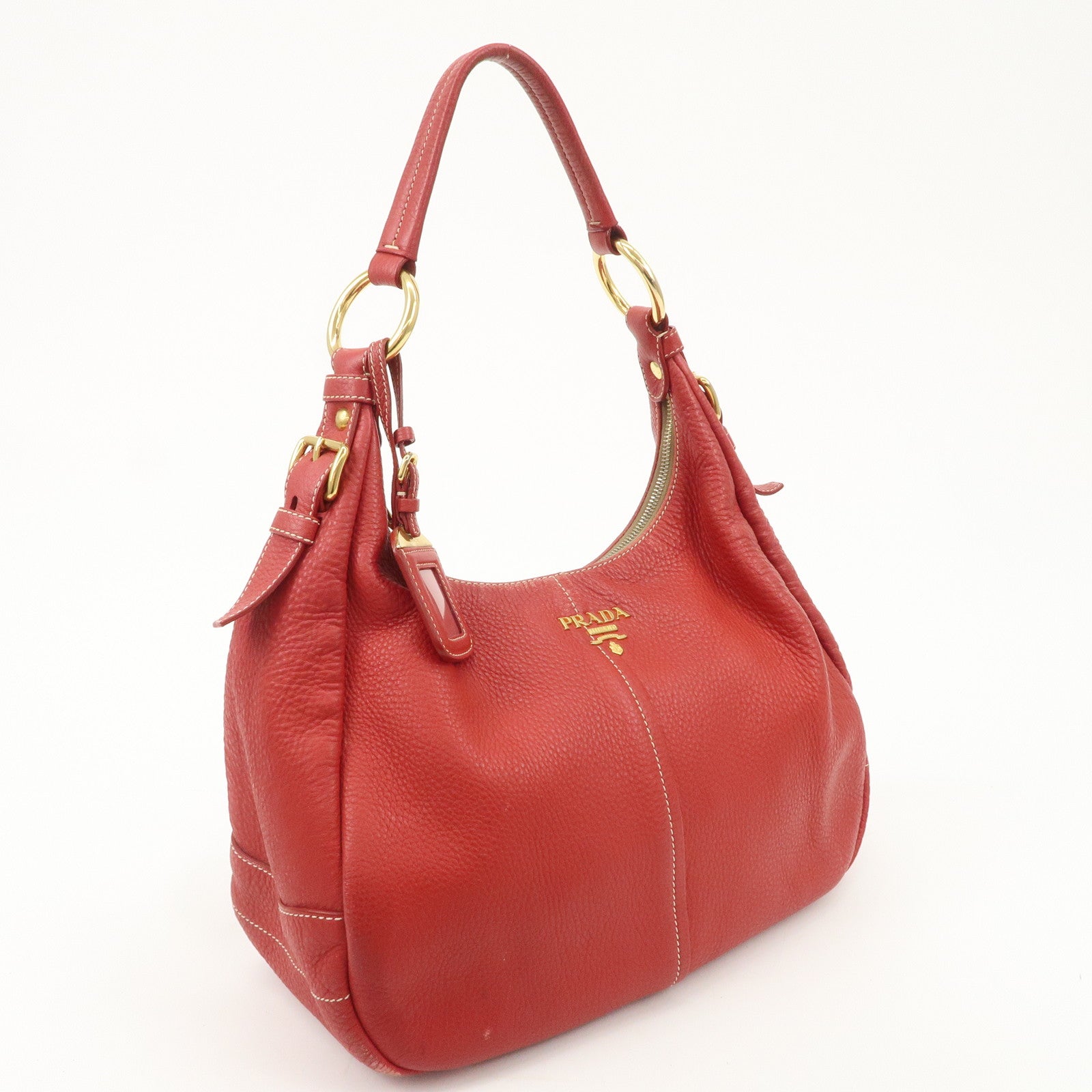 PRADA Logo Leather Shoulder Bag Hand Bag Red BR4373