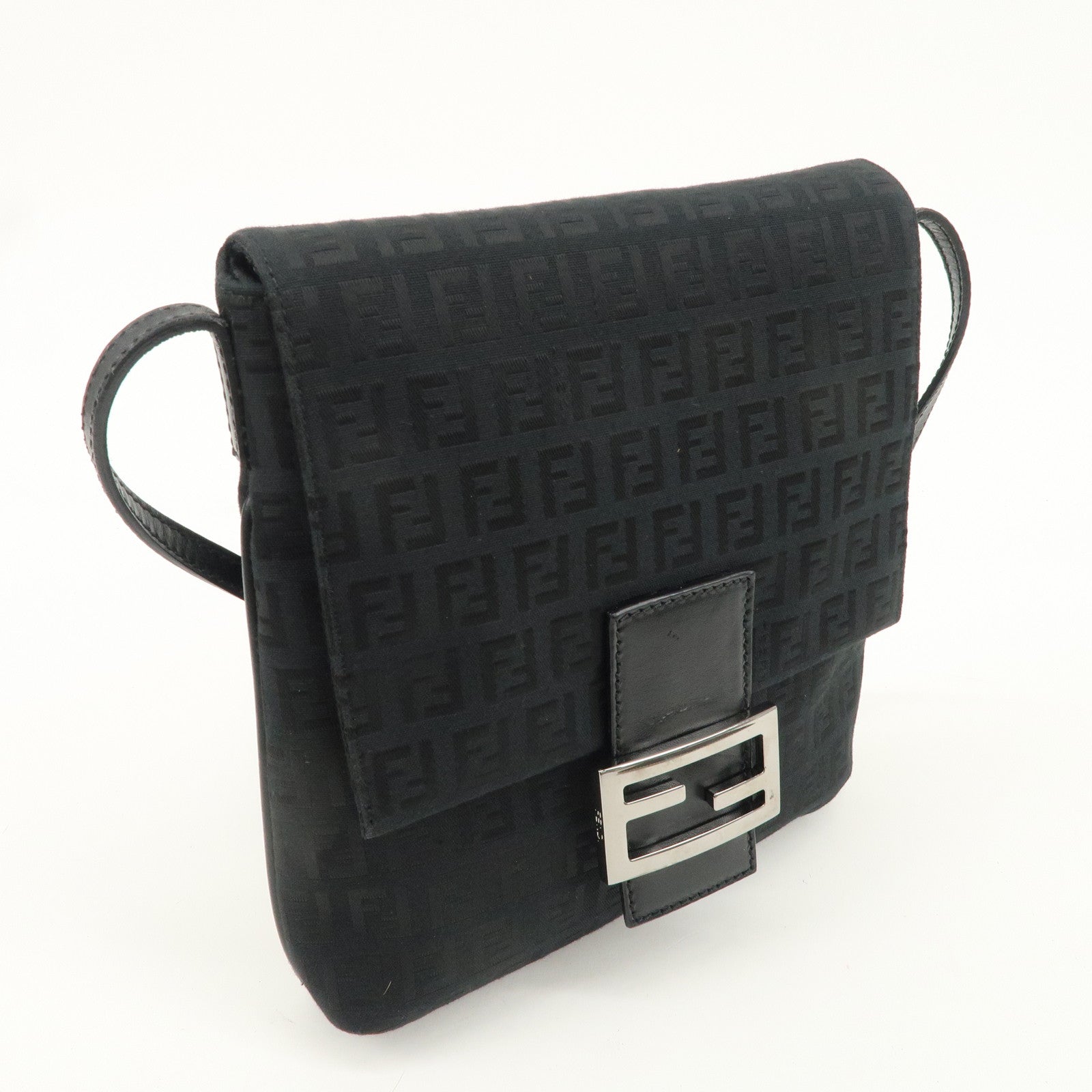 FENDI Zucchino Canvas Leather Shoulder Bag Black 8BT075