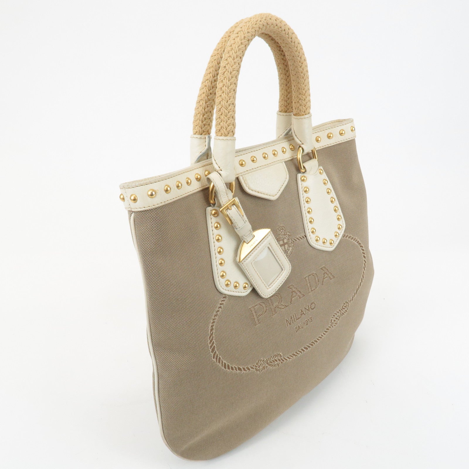 PRADA Canvas Leather 2WAY Logo Studs Hand Bag Beige BN1450 Used