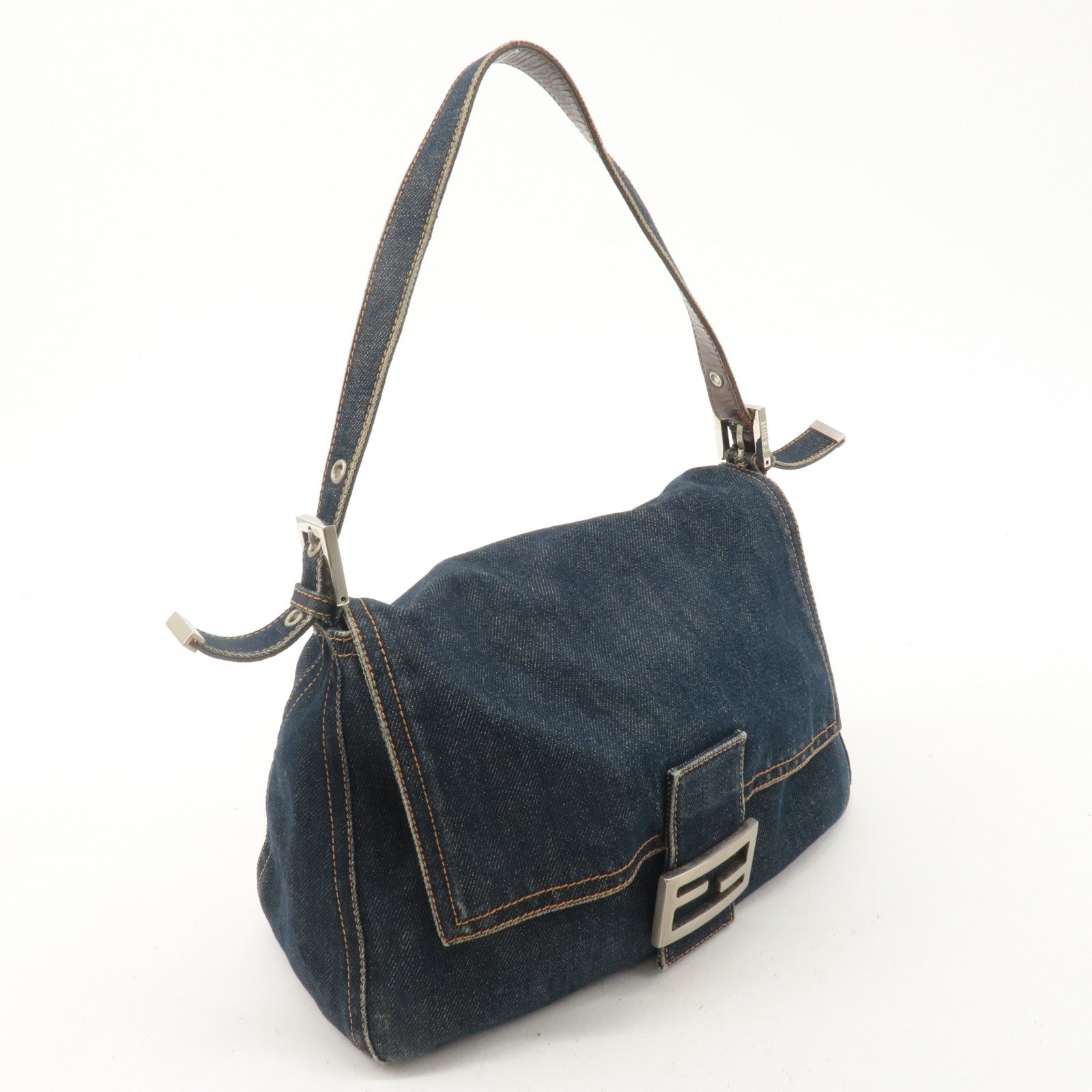 FENDI Denim Leather Mamma Baguette Shoulder Bag Blue