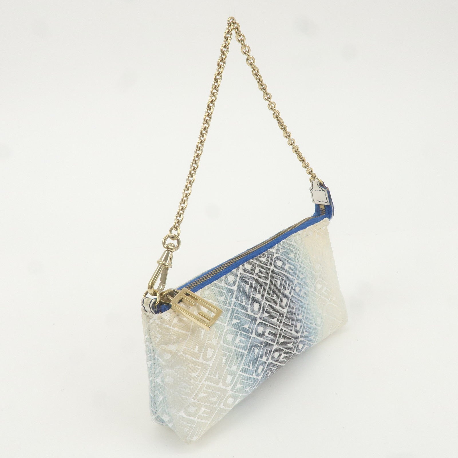 FENDI Canvas Chain Accessory Pouch Beige Blue 8BR592