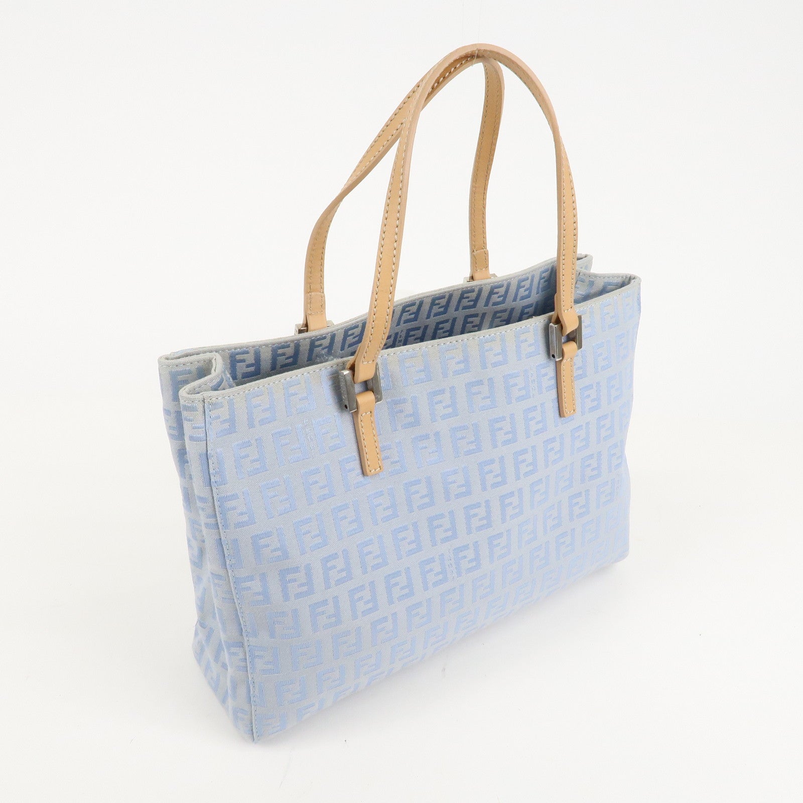 FENDI Zucchino Canvas Leather Tote Bag Light Blue Beige