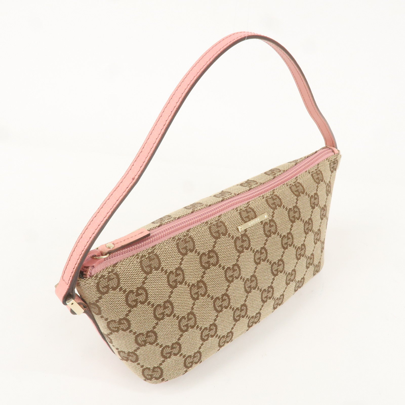 GUCCI GG Canvas Leather Boat Bag Hand Bag Pouch Beige Pink 7198