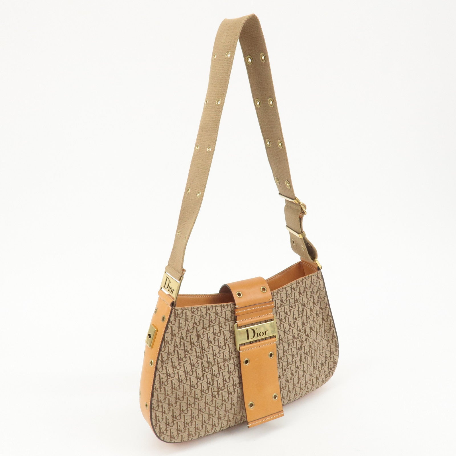 Christian Dior Trotter Canvas Leather Shoulder Bag Beige Brown