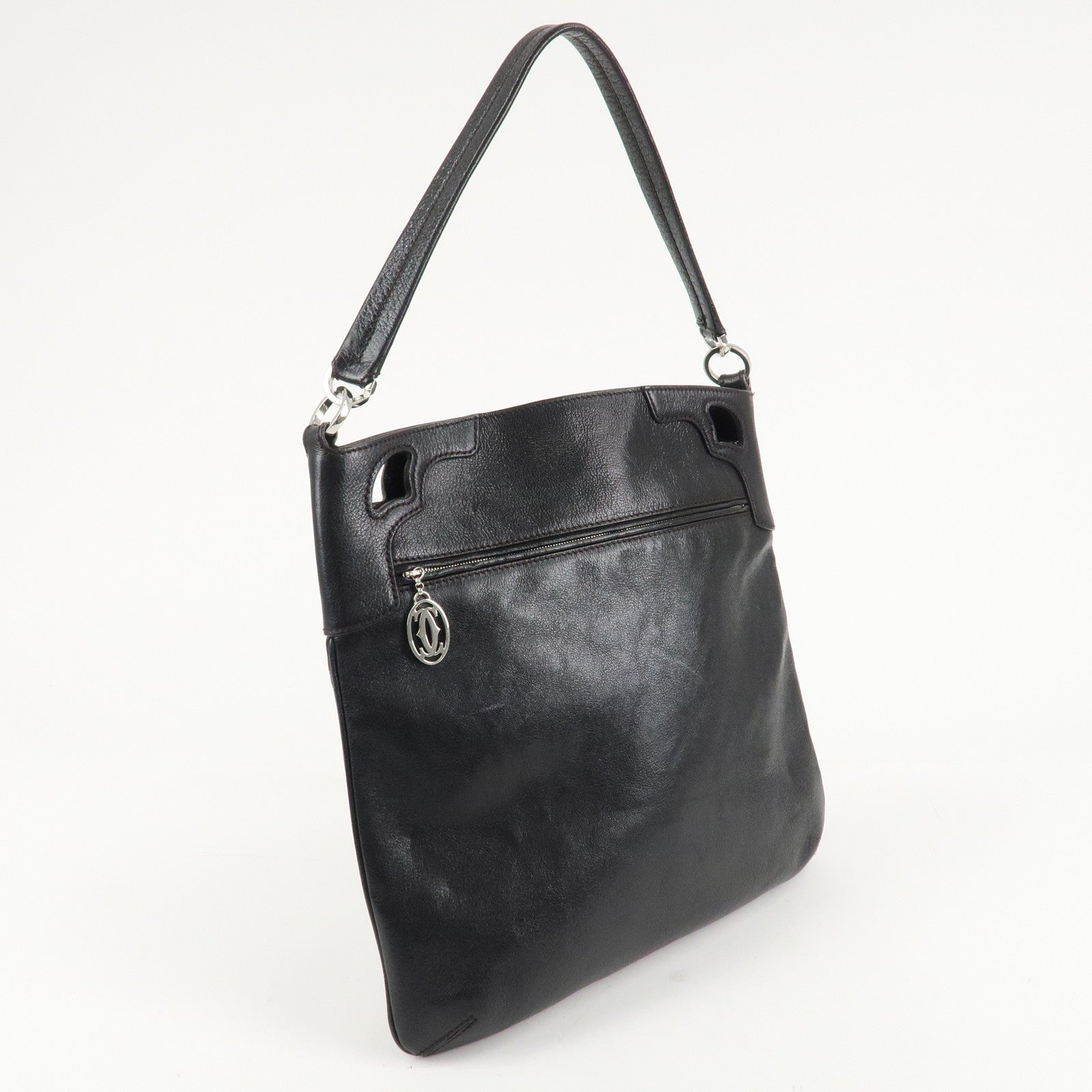 Cartier Leather Shoulder Bag Tote Bag Hand Bag Black Used