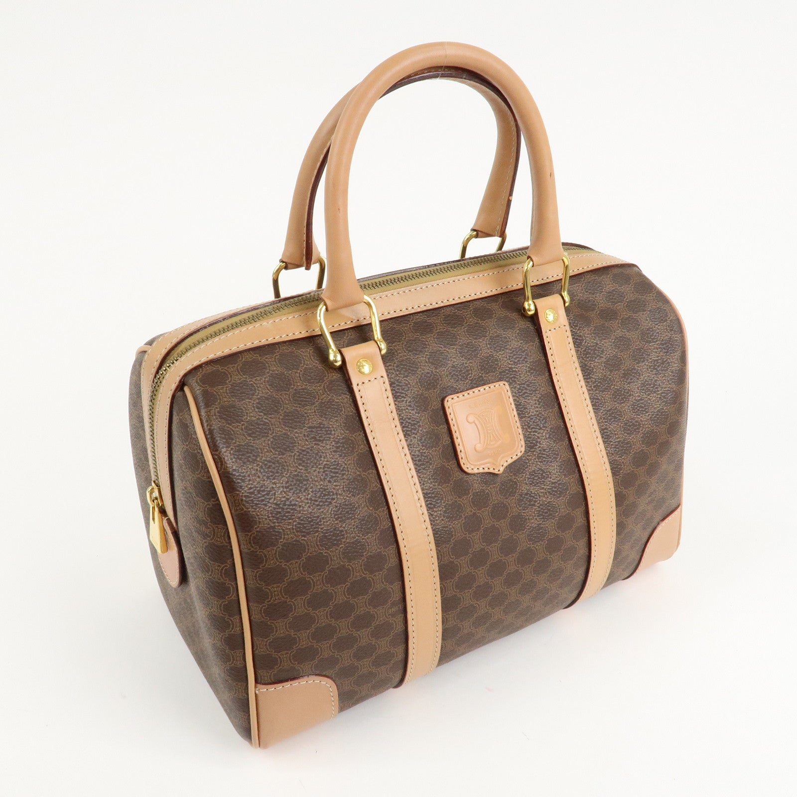 CELINE Macadam PVC Leather Boston Bag Hand Bag Brown Used