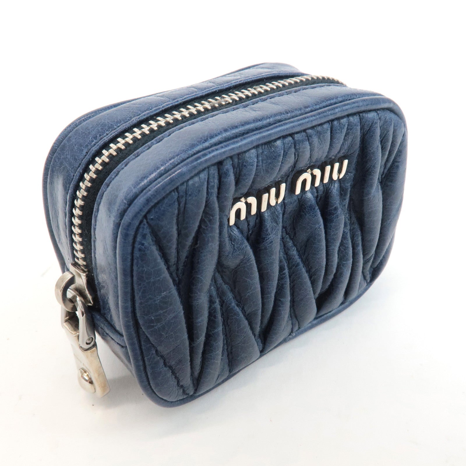 MIU MIU Matelasse Leather Pouch Blue Silver Hardware 5M1353