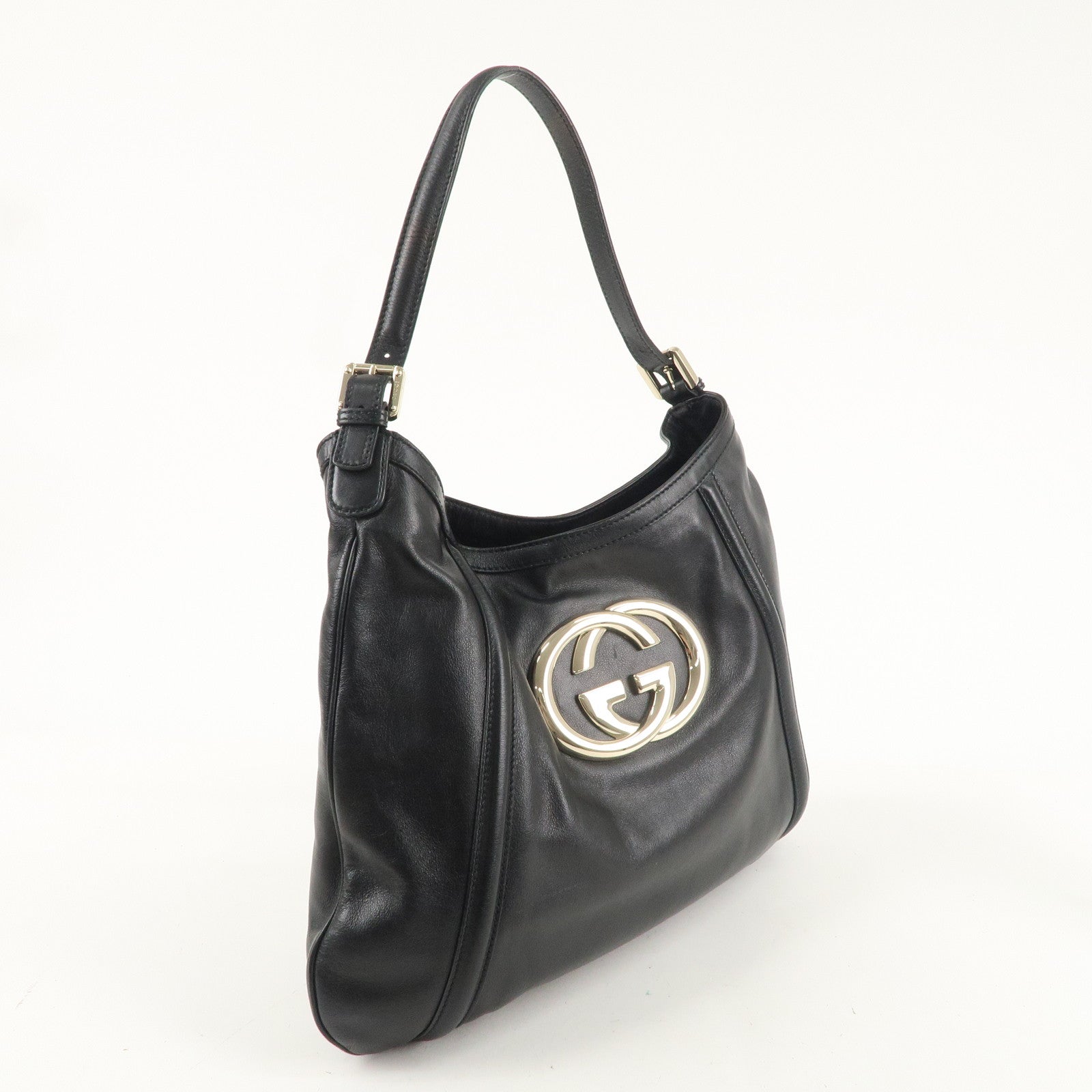 GUCCI Interlocking G Leather One Shoulder Bag Black 162740