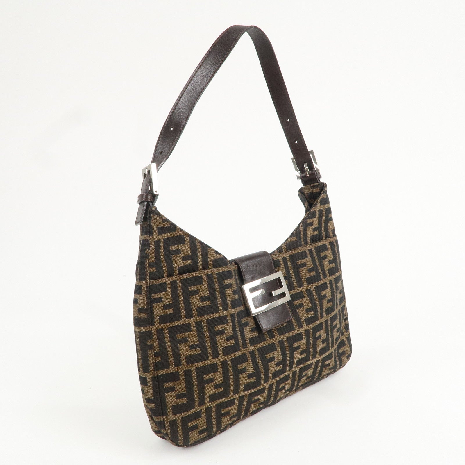 FENDI Zucca Canvas Leather Shoulder Bag Brown Black 26596