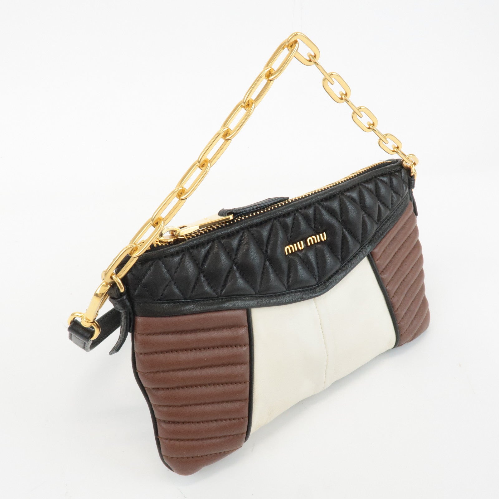 MIU MIU Leather 2Way Bag Shoulder Bag Hand Bag Black Brown White