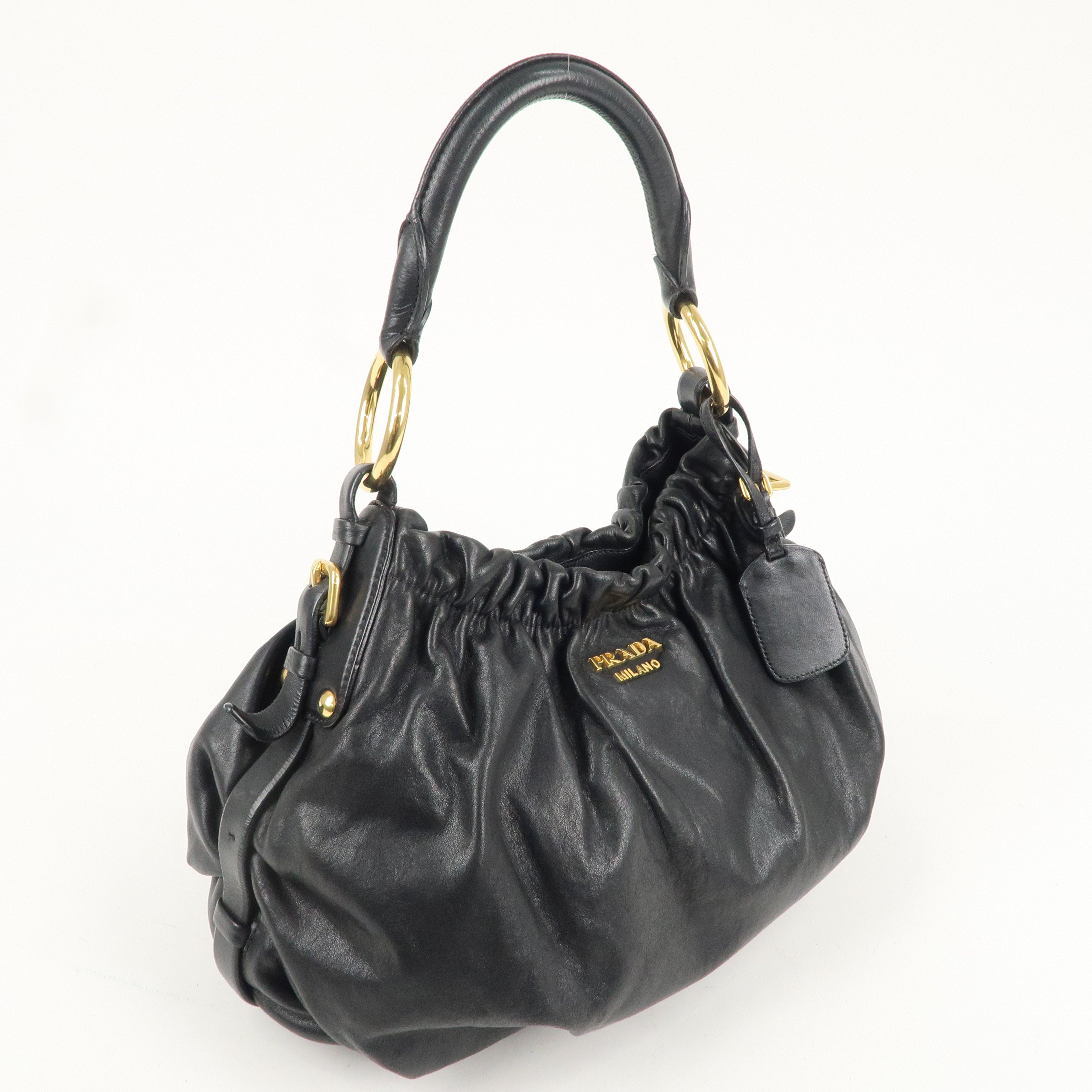 PRADA Logo Leather Shoulder Hand Bag Black Gold Hardware