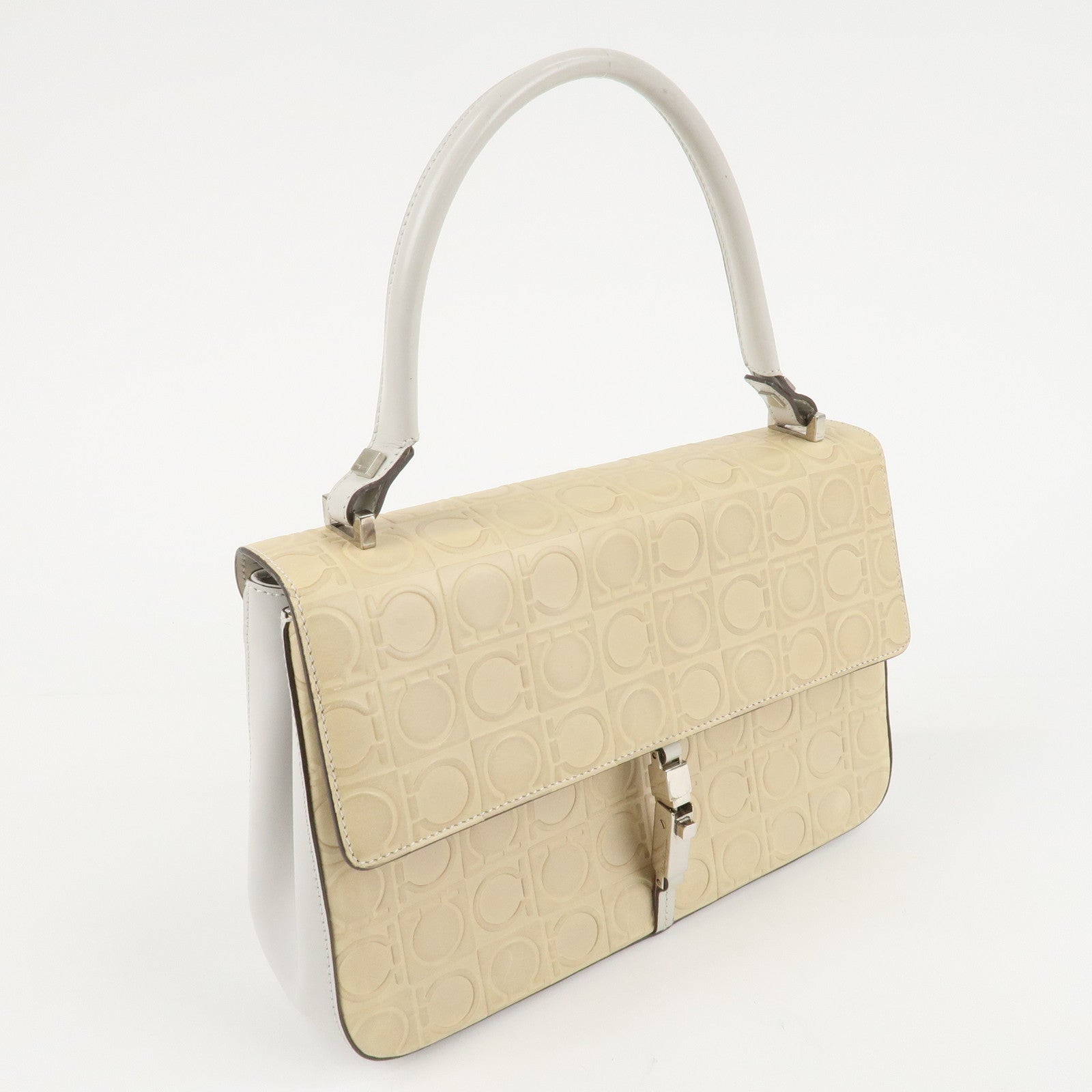 Ferragamo Gancini Pattern Leather Hand Bag Ivory Used