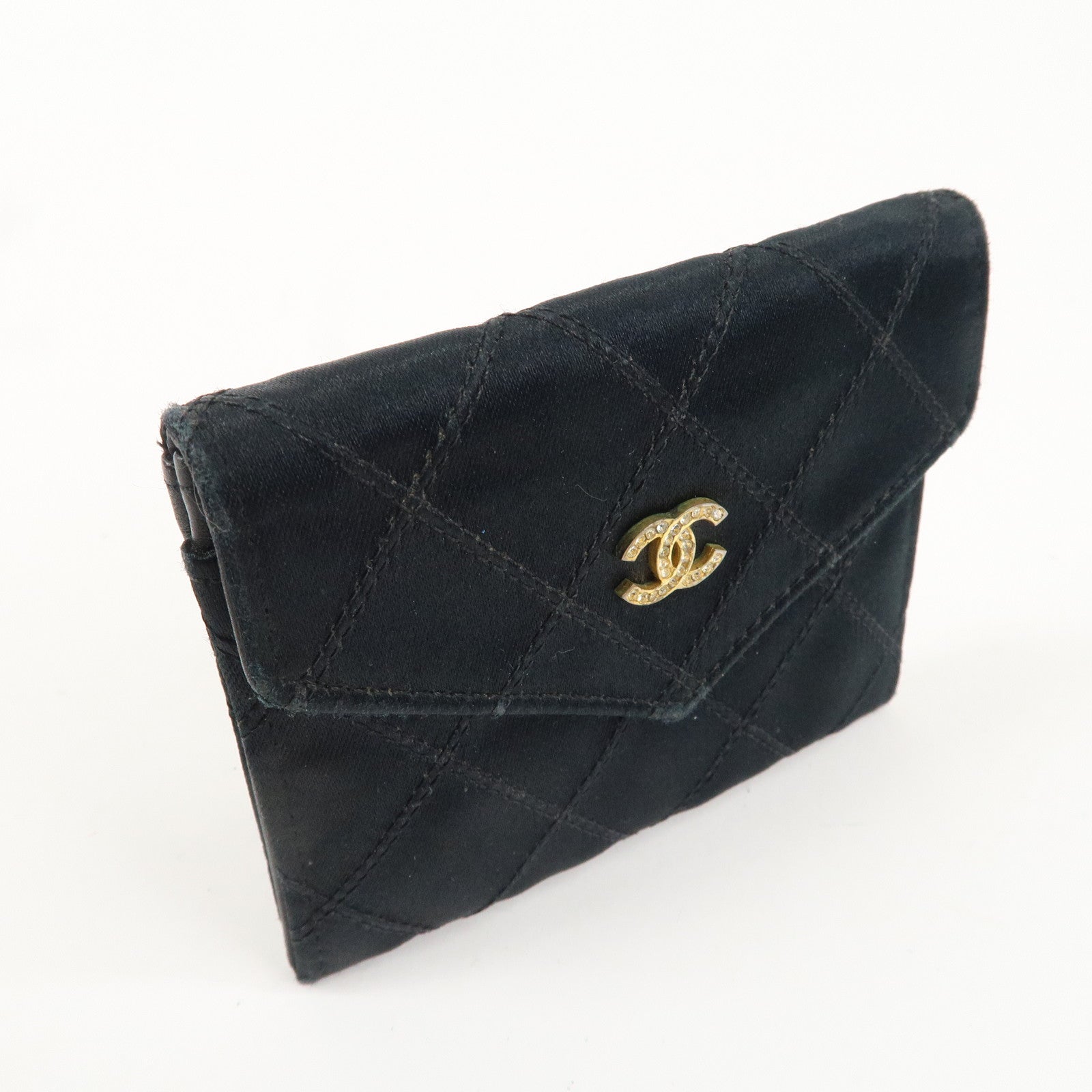 CHANEL Bicolore Satin Coin Case Coin Purse Black