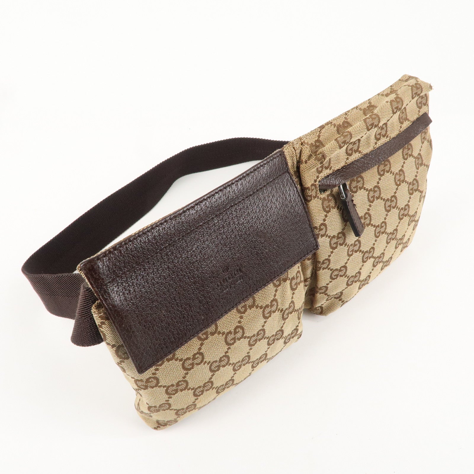 GUCCI GG Canvas Leather Waist Bag Waist Pouch Beige Brown 28566