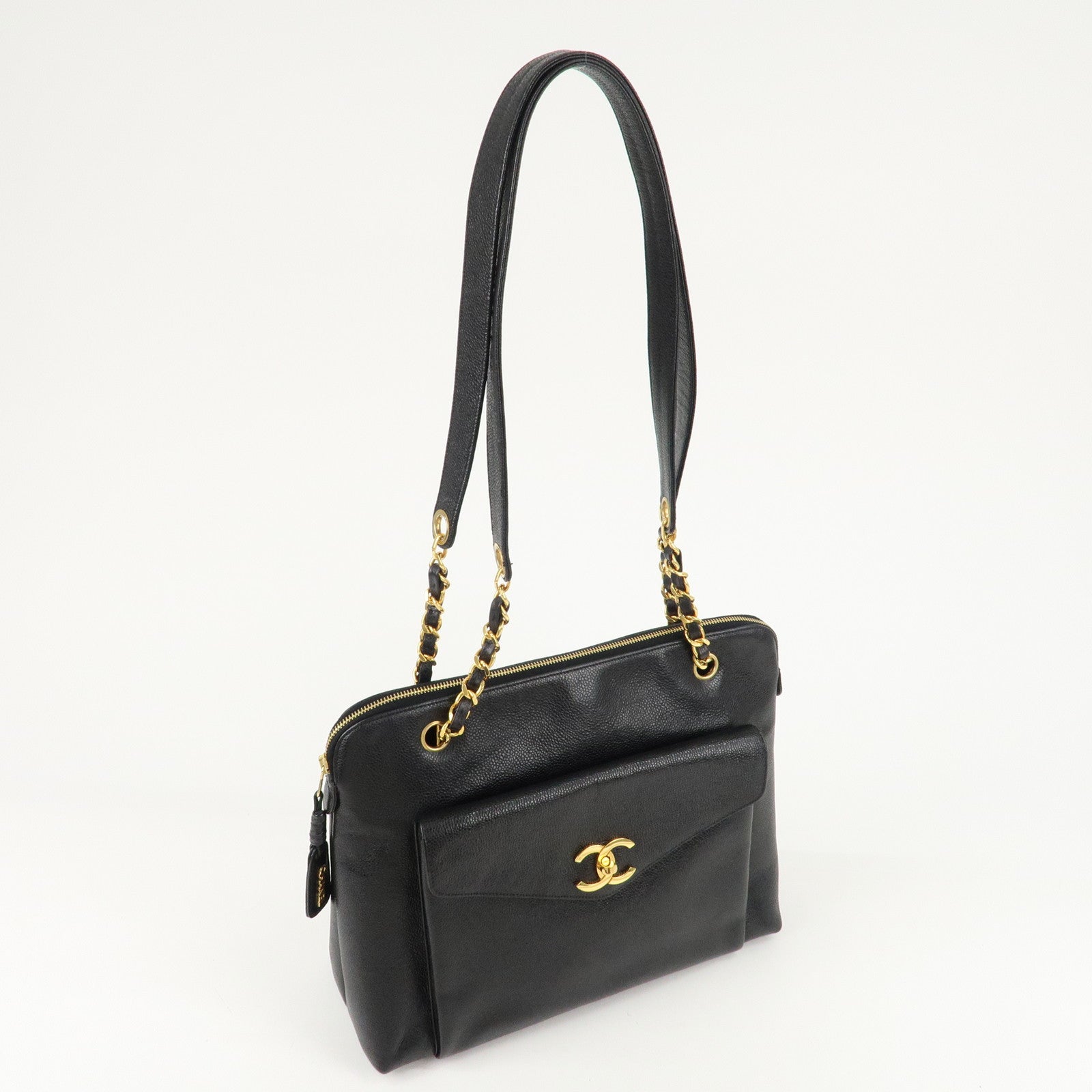 CHANEL COCO Mark Caviar Skin Chain Tote Bag Black Gold