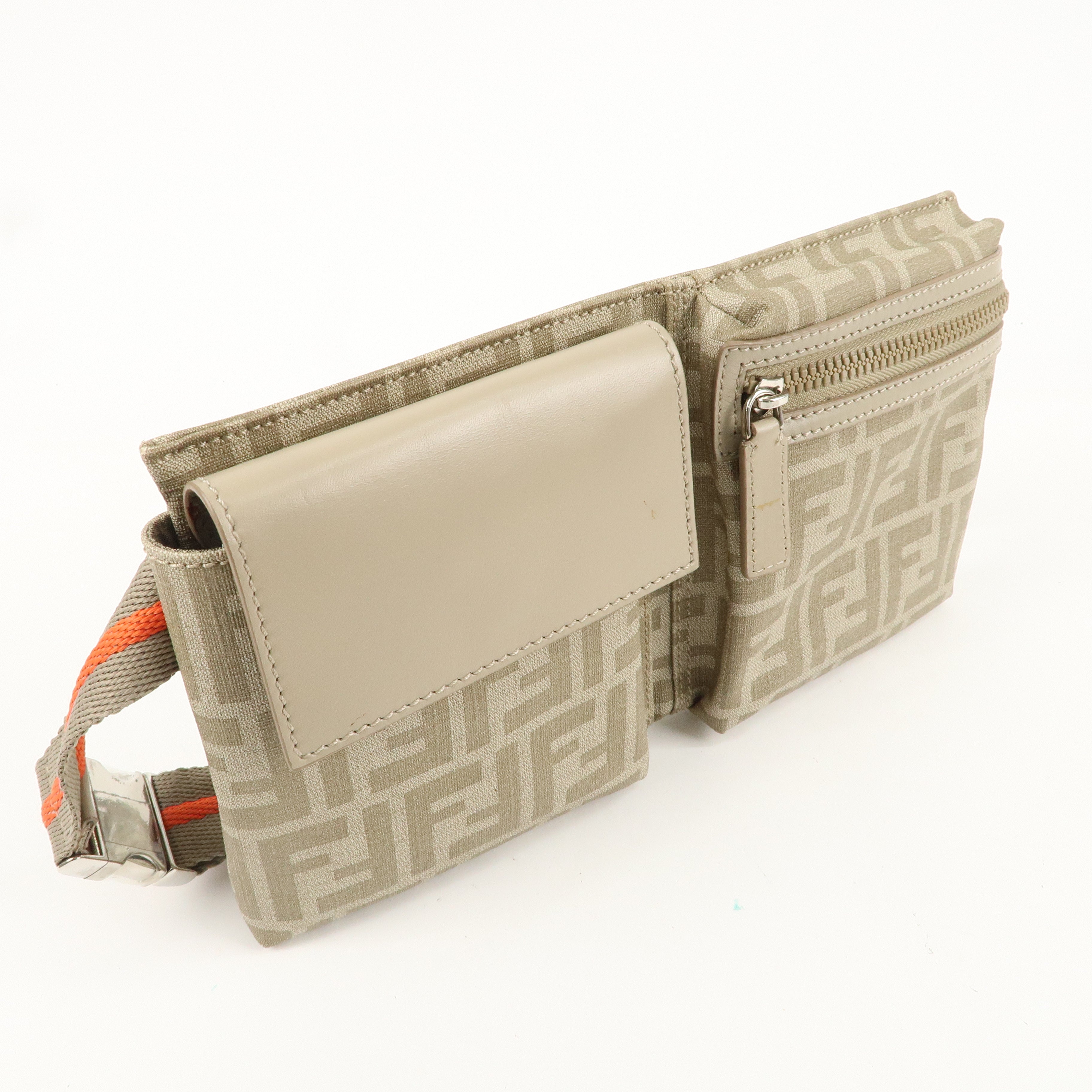 FENDI Zucca Canvas Leather Waist Bag Body Bag 7VA280 Beige