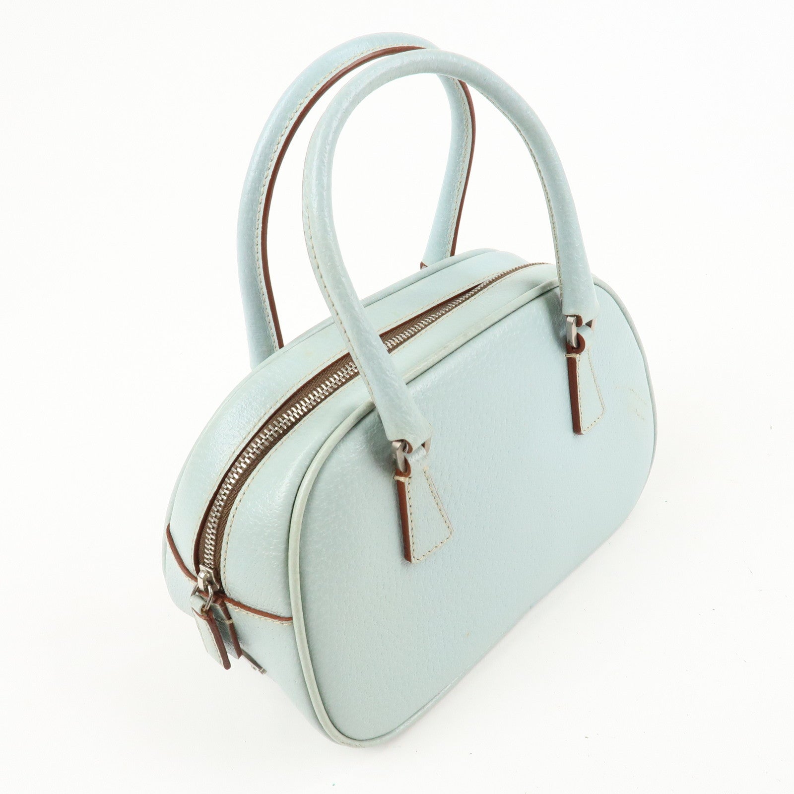 PRADA Leather Hand Bag Blue Silver Hardware