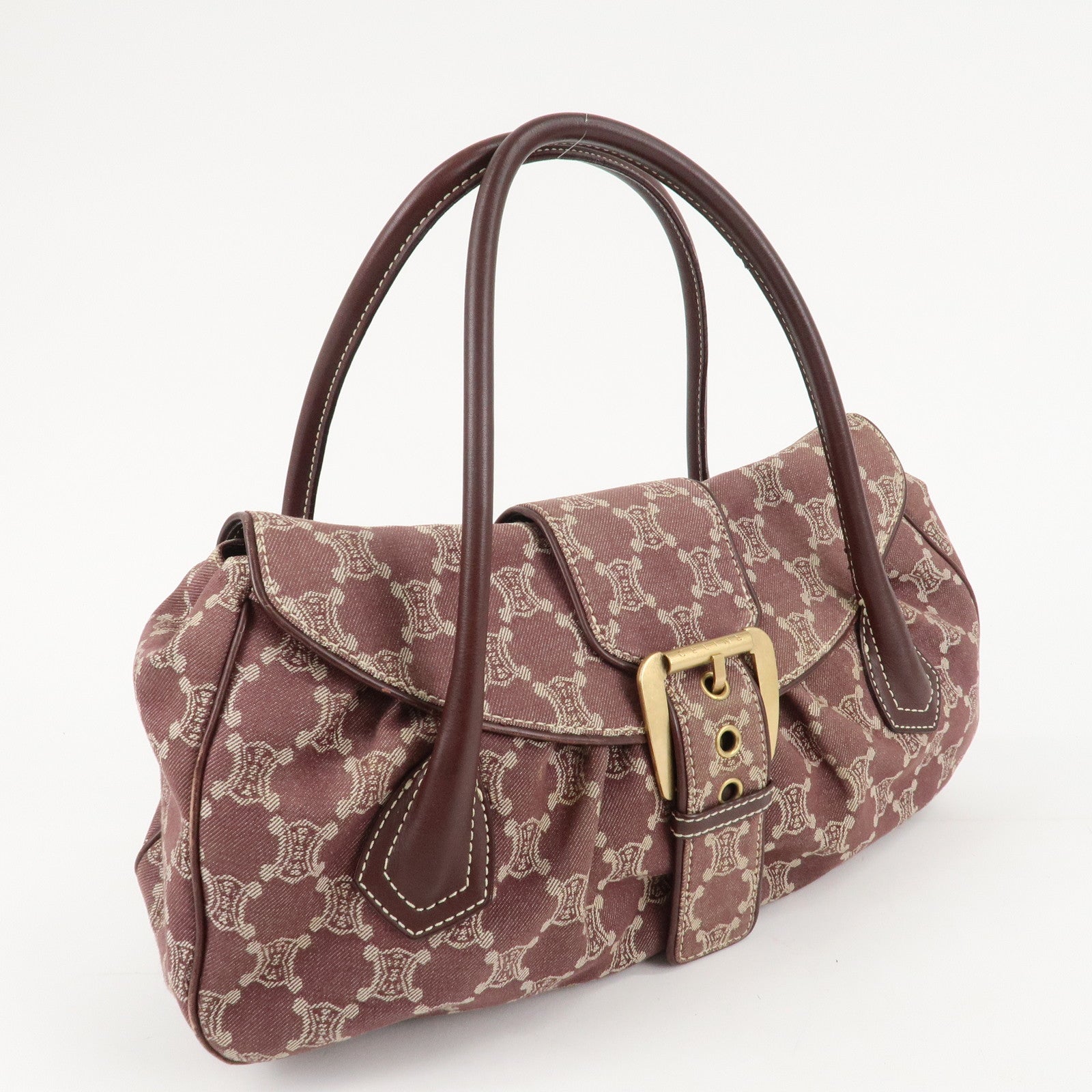 CELINE Macadam Denim Leather Tote Shoulder Bag Bordeaux White Used