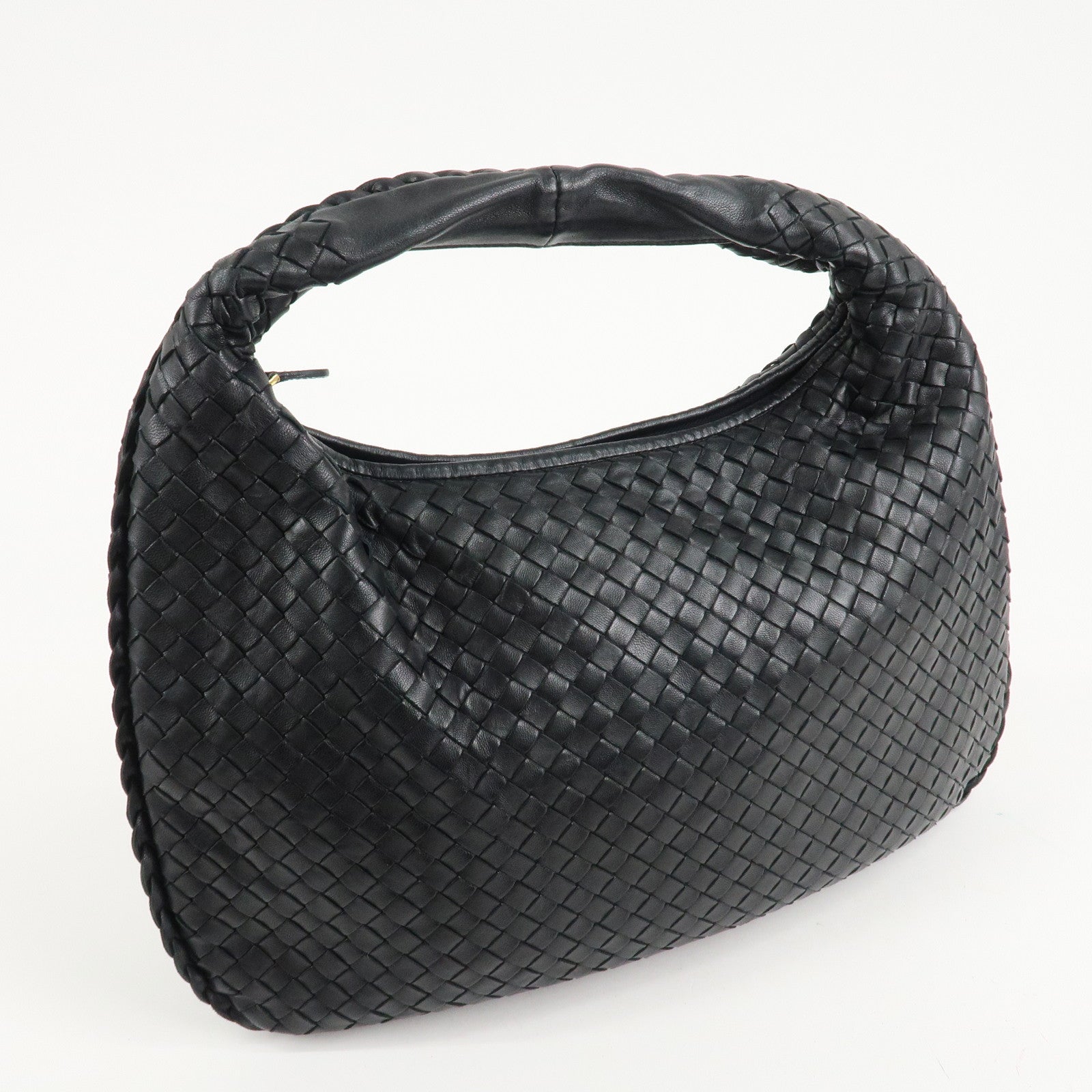 BOTTEGA VENETA Hobo Intrecciato Leather Shoulder Bag Black 115653