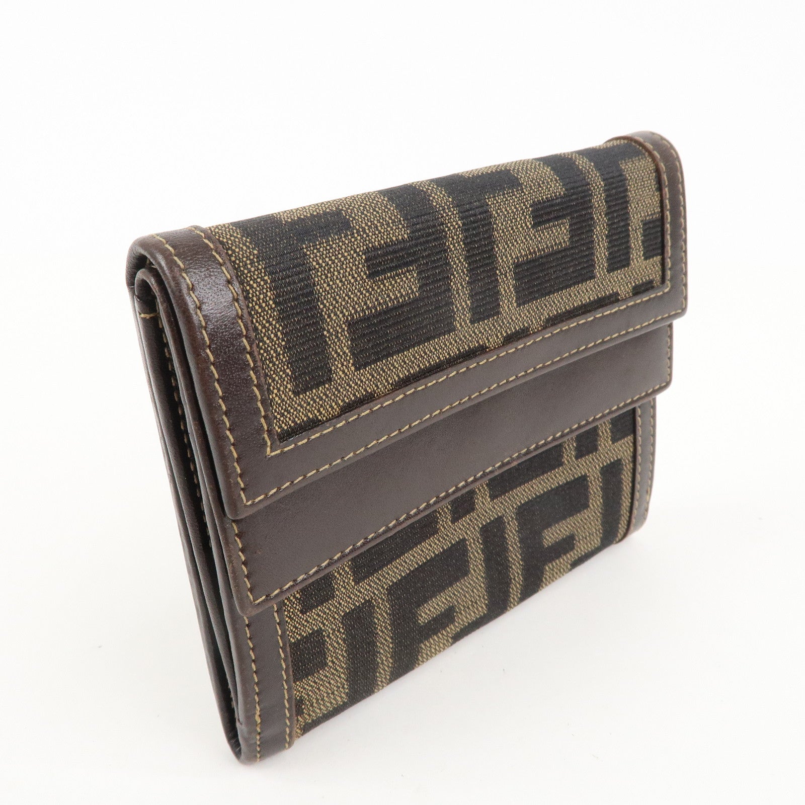 FENDI Zucca Canvas Leather Bi-fold Wallet Brown Black 109