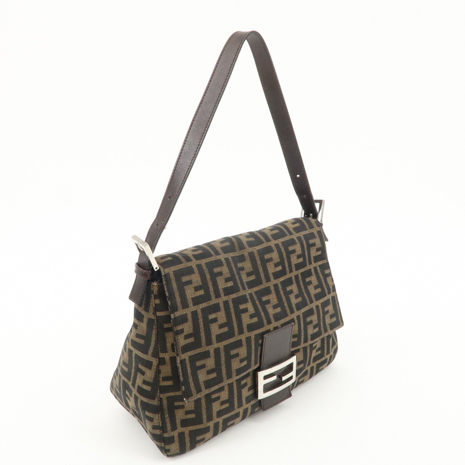 FENDI Mamma Baguette Zucca Canvas Leather Shoulder Bag 26325