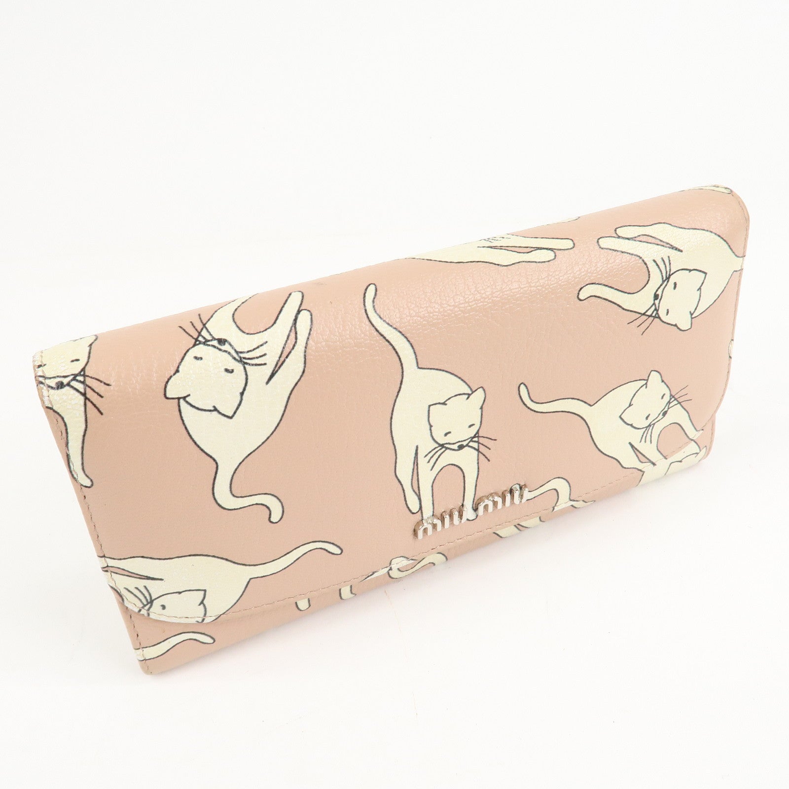 MIU MIU Leather Cat Motif Long Wallet Pink Beige 5MH109