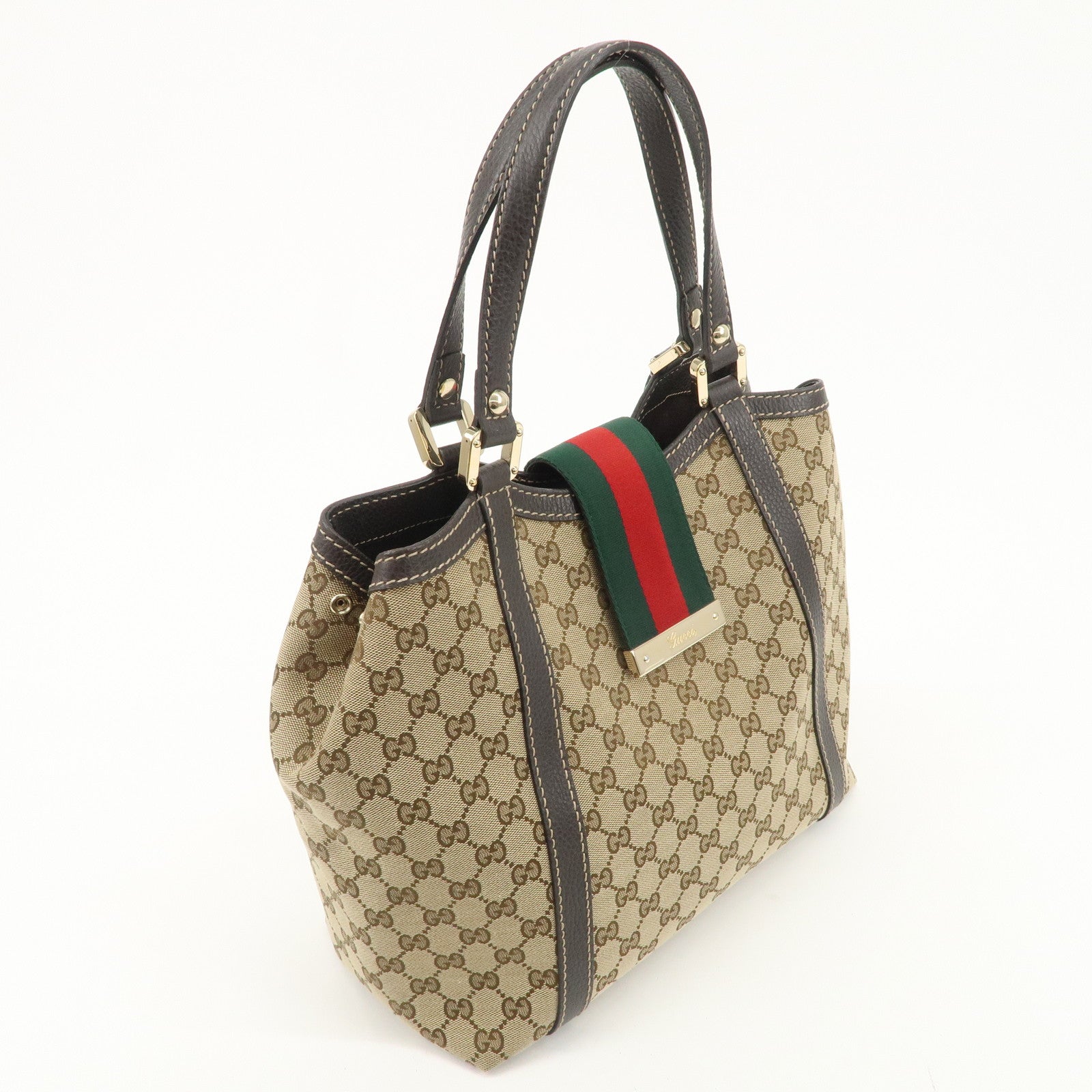 GUCCI Sherry Line GG Canvas Leather Hand Bag Beige Brown 364835 Used